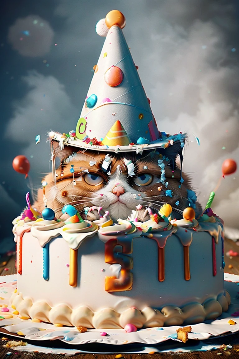 ais-ckemss grumpy cat wearing a birthday hat askew <lora:ais-ckemss:1>