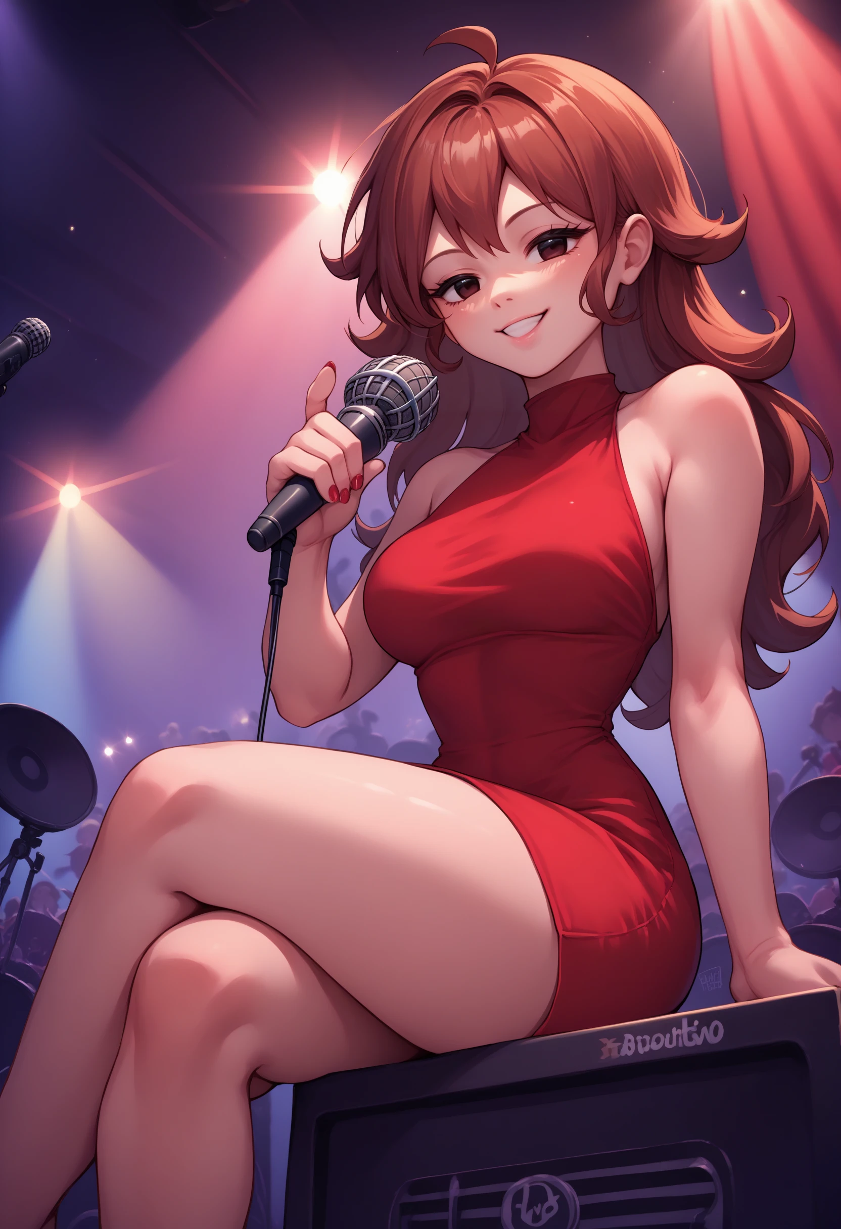 girl, sitting on speaker set, brown hair, red dress, red heels, girlfriend, looking at viewer, sitting on bed, smile, open mouth,
female masturbation, cum, blushing