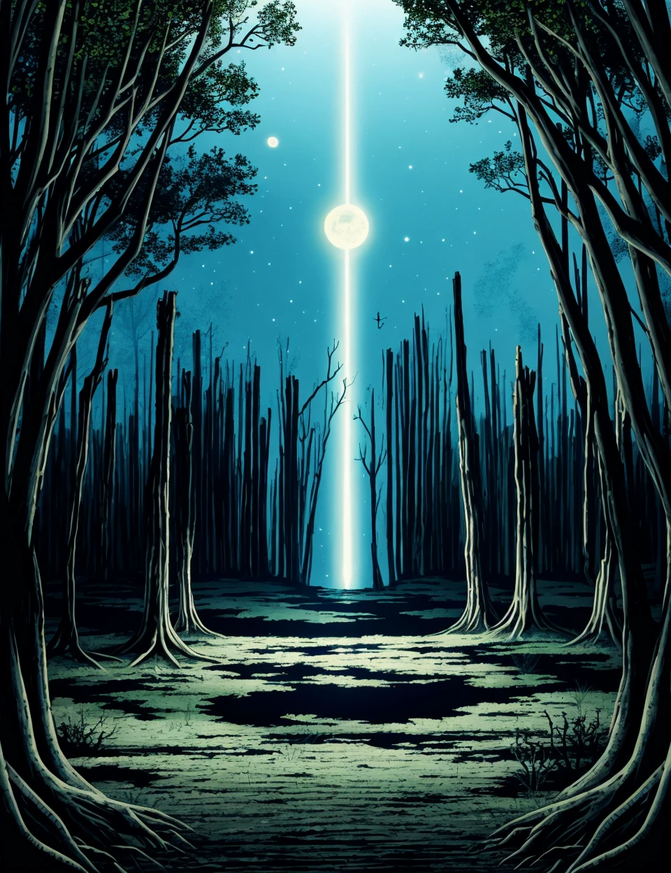 DonMC1rcu17Pl4n,2D,illustration, haunted forest summit view,eave,mangrove,celestial mechanics,  <lora:DonMC1rcu17Pl4n:0.8>