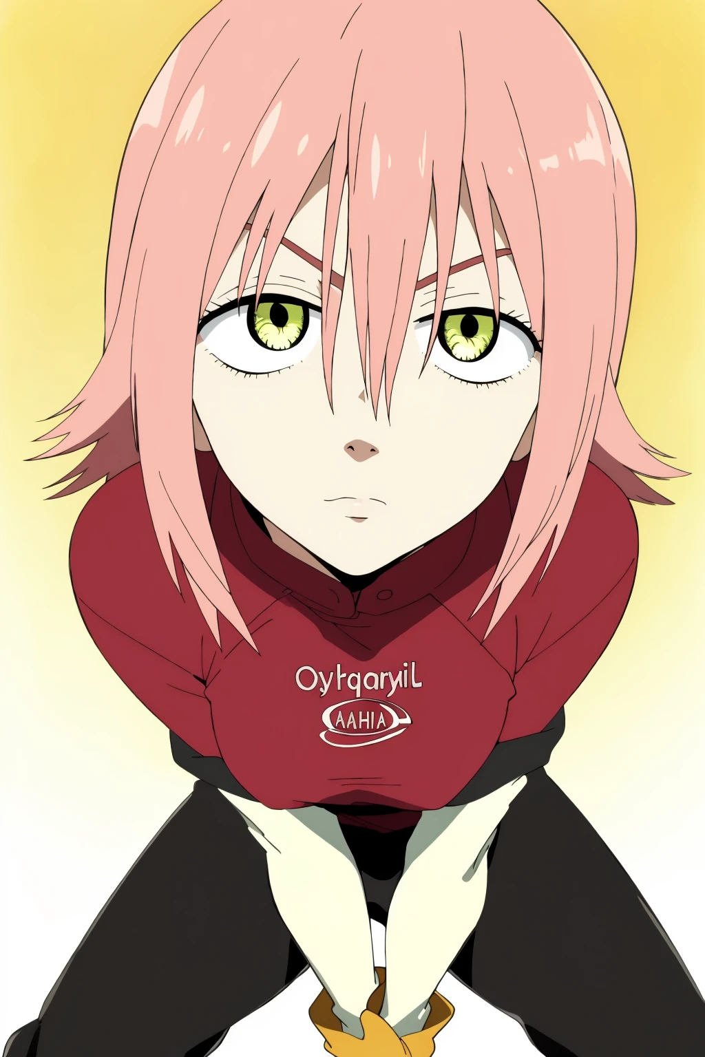 ((best quality)),((highly detailed)),masterpiece,absurdres,detailed face,beautiful face,(detailed eyes, deep eyes),1girl,((dynamic pose)) , <lora:HarukoV1:0.8>haruko, yellow eyes, solo, gloves, short hair, pink hair, long sleeves, hair between eyes, pants, bangs, gradient background, gradient, closed mouth, shirt, shaded face, breasts, spiked hair, simple background, short sleeves