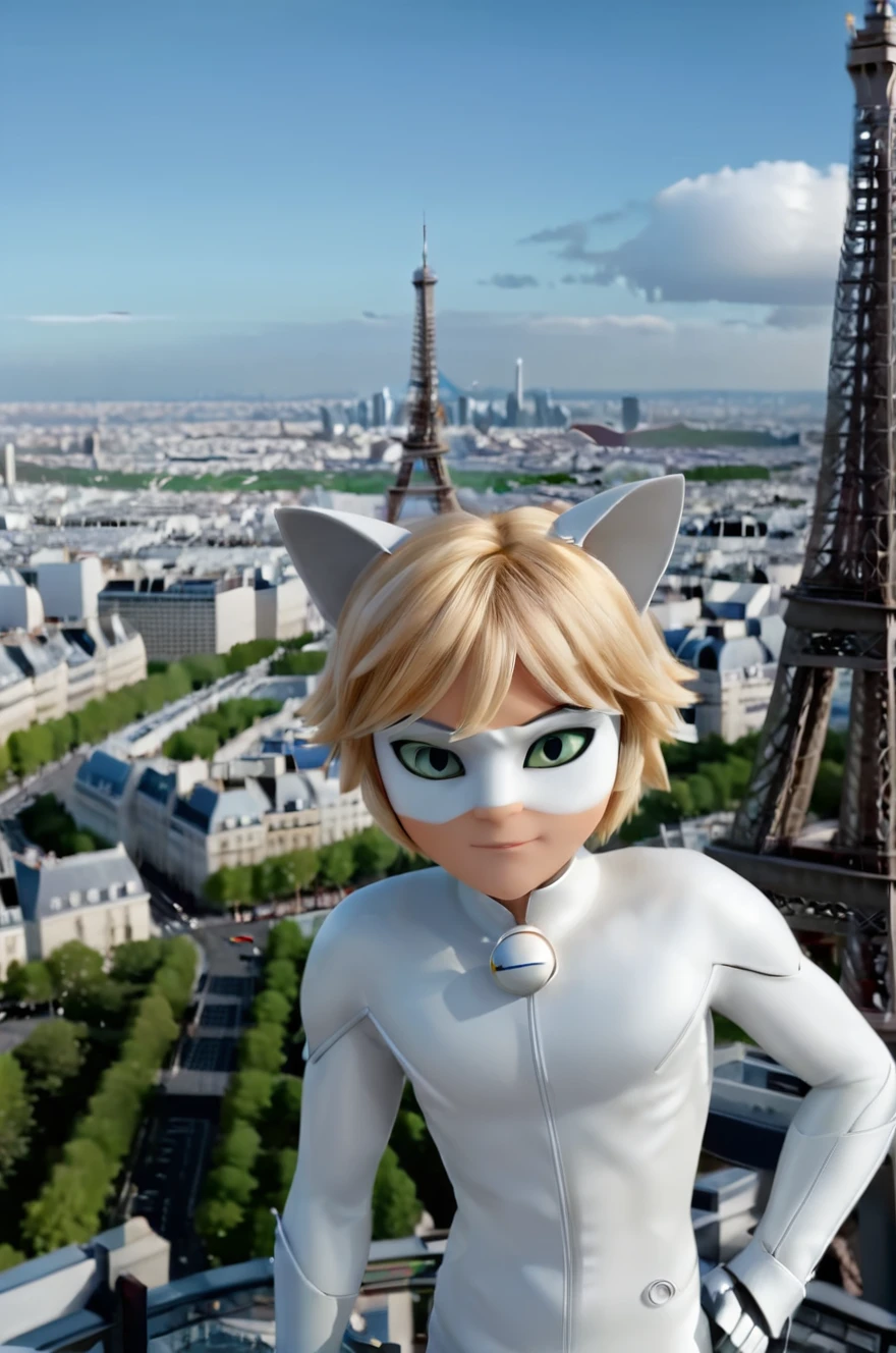 <lora:StGermain_miraculous_catblanc_XL-000010:0.76>,ultra realistic miraculous_catblanc in making magic on the top of Eiffel tower,ziprealism,