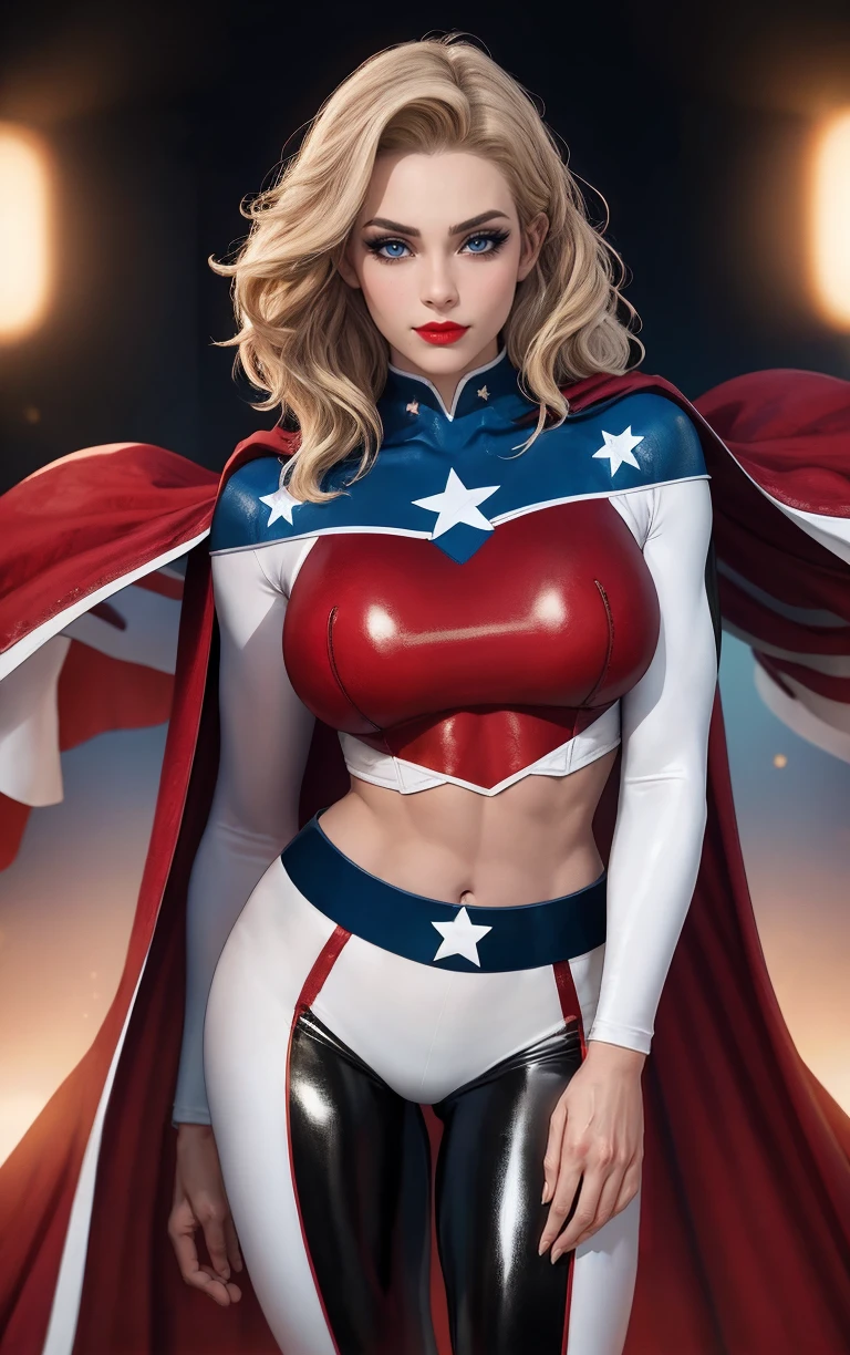 CARTOON_America_Star_ownwaifu,
1girl, blonde hair, long hair, blue eyes,  lips, navel, large breasts, breasts, makeup, lipstick, red lips, toned, eyelashes, groin, nose, 
crop top, midriff, cape, superhero, animification, star (symbol), bodysuit, pants, skin tight, belt, red cape, american flag, multicolored clothes, taut clothes,
<lora:CARTOON_America_Star_ownwaifu:0.7> ,
((masterpiece)),((best quality)),(highres, absurdres), original, bokeh, depth_of_field, scenery, spotlight, focused, looking at viewer, solo, cowboy shot,