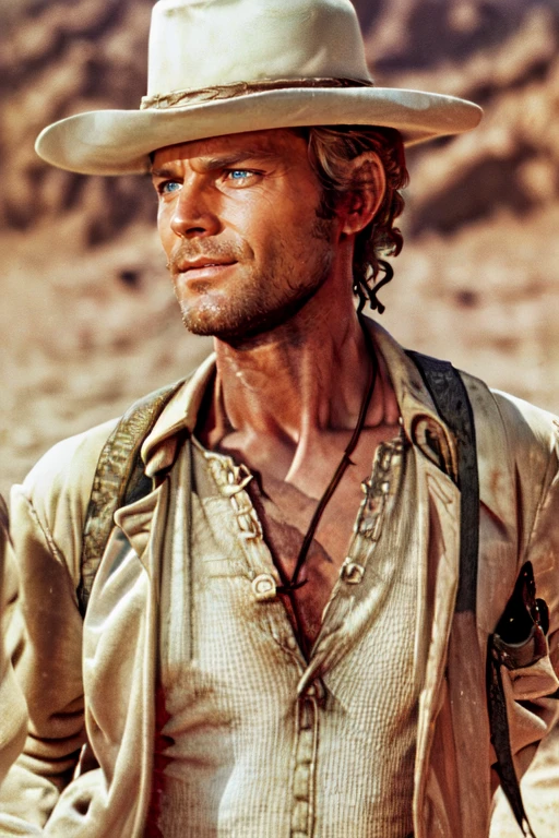 beautiful eyes, beautiful man, high detail skin, high detail eyes, high detail hair, highres, ultra detailed, sharpen picture, Highly detailed, masterpiece, best quality, photorealistic,
 <lora:TerrenceHillLora:1> 1boy, blue eyes, blonde hair, realistic, manly, cowboy western, cowboy hat, collared shirt, facial hair, suspenders, coat, walking in the desert