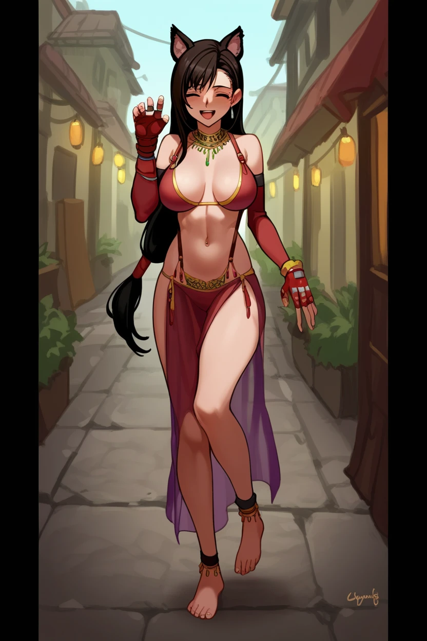 score_9, score_8_up, source_anime, 1girl, solo, <lora:SDXL AS109 Epoch 10:1> as109 BREAK Final Fantasy Tifa Lockhart, black hair,  mature female, large breasts, wearing a Dark Orange belly dancer lingerie, bare feet, dog ears, Path, Amused, Laughing