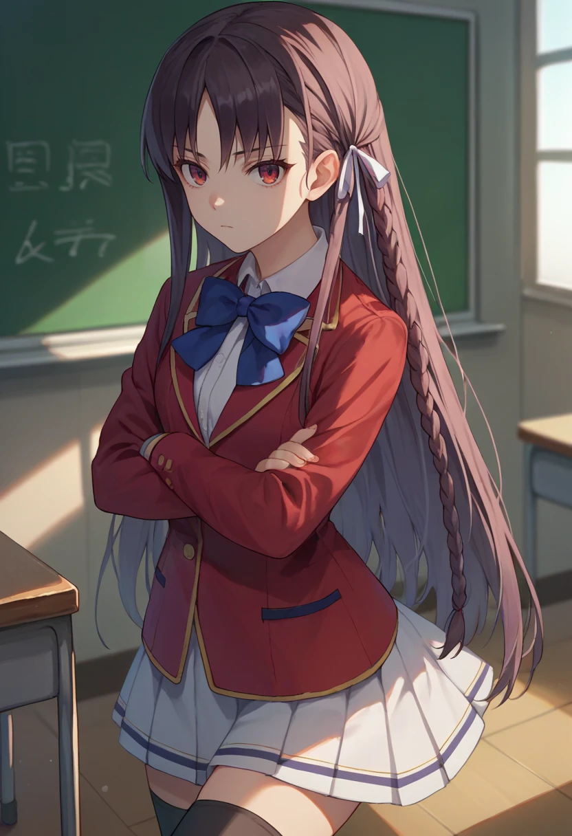 score_9, score_8_up, score_7_up, source_anime, solo, 1girl, horikita suzune, expressionless, looking at viewer, crossed arms, braid, hair ribbon, school uniform, red jacket, blue bow, long sleeves, white skirt, black thighhighs, indoors, classroom <lora:classroomelite_horikita_ponyXL:1>