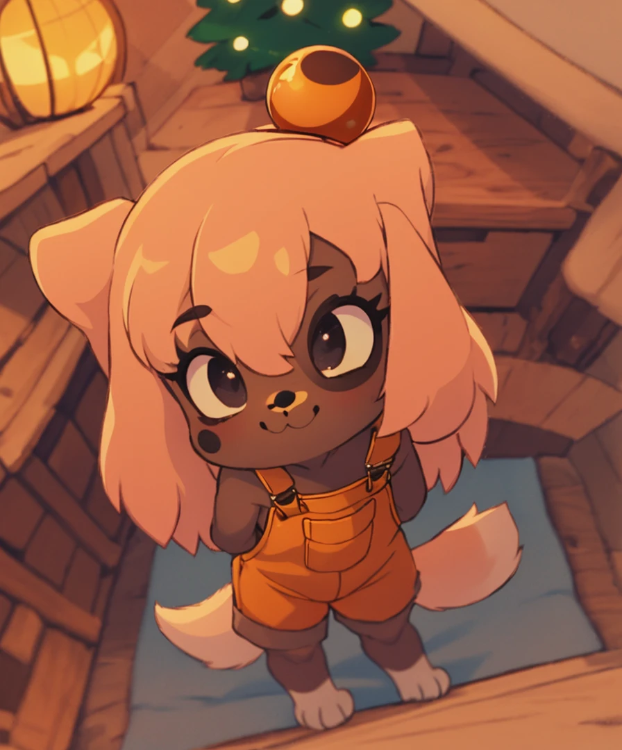From above, lilotte , 1 puppy girl l , orange overalls ,brown skin, ,Ornament , pink hair , furry , , tail ,mole, mole on the eye , <lora:lilotte:0.9> , Straight hair , shorts