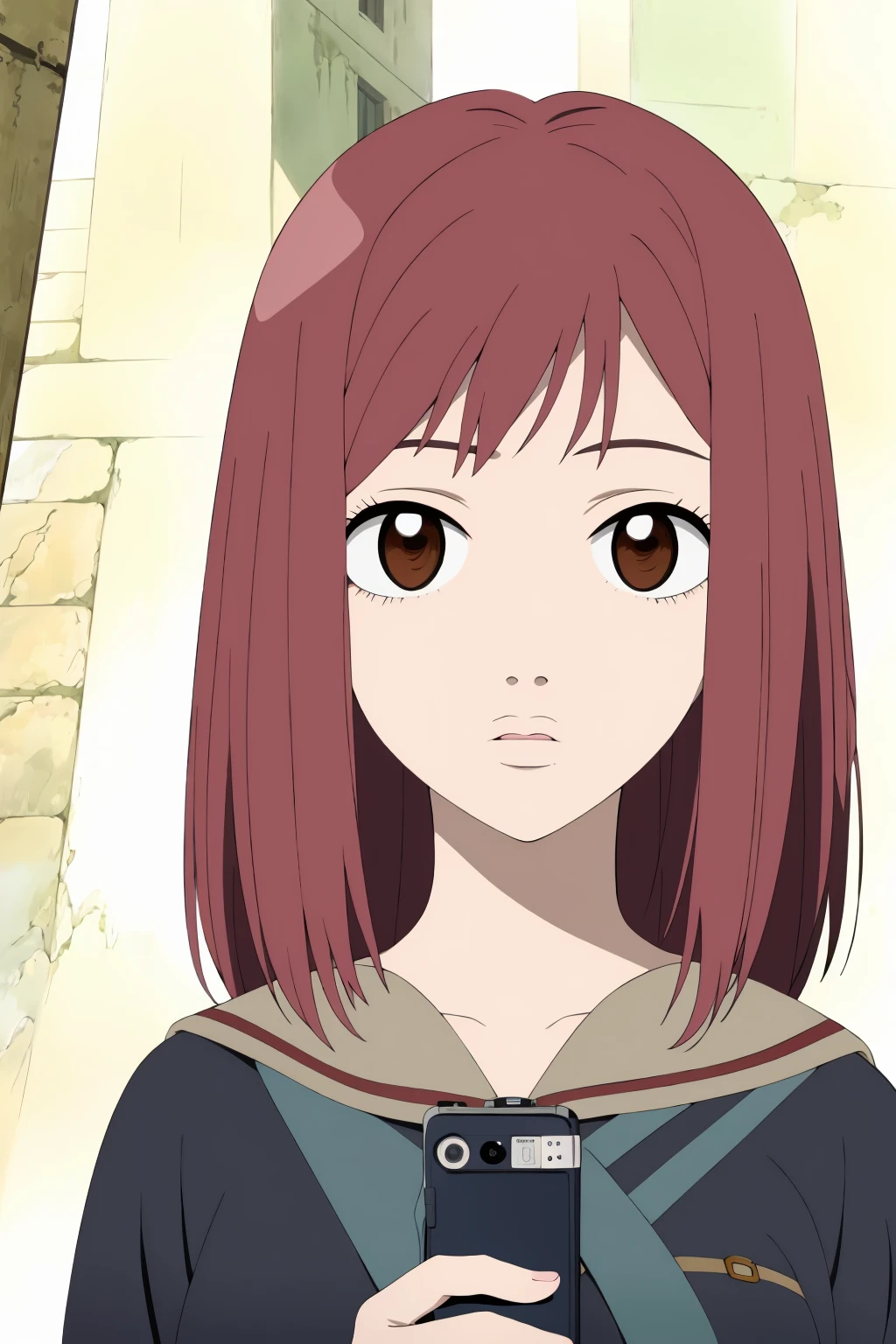 ((best quality)),((highly detailed)),masterpiece,absurdres,detailed face,beautiful face,(detailed eyes, deep eyes),1girl,((dynamic pose)) , <lora:MamimiV1:0.8>mamimi, solo, red hair, brown eyes, school uniform, short hair, looking at viewer, bag, long sleeves, jacket, holding, expressionless, upper body, closed mouth, medium hair, outdoors, serafuku, bangs