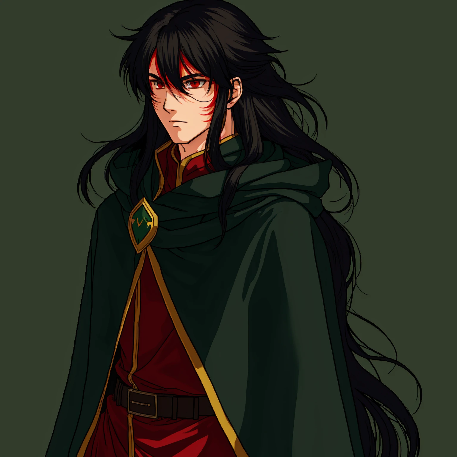 FireEmblem, (Simple background, green background:1.3), 1boy, long hair, red eyes, male focus, solo, black hair, facial mark, simple background, green background, long sleeves, closed mouth, robe, upper body, cloak, very long hair, belt