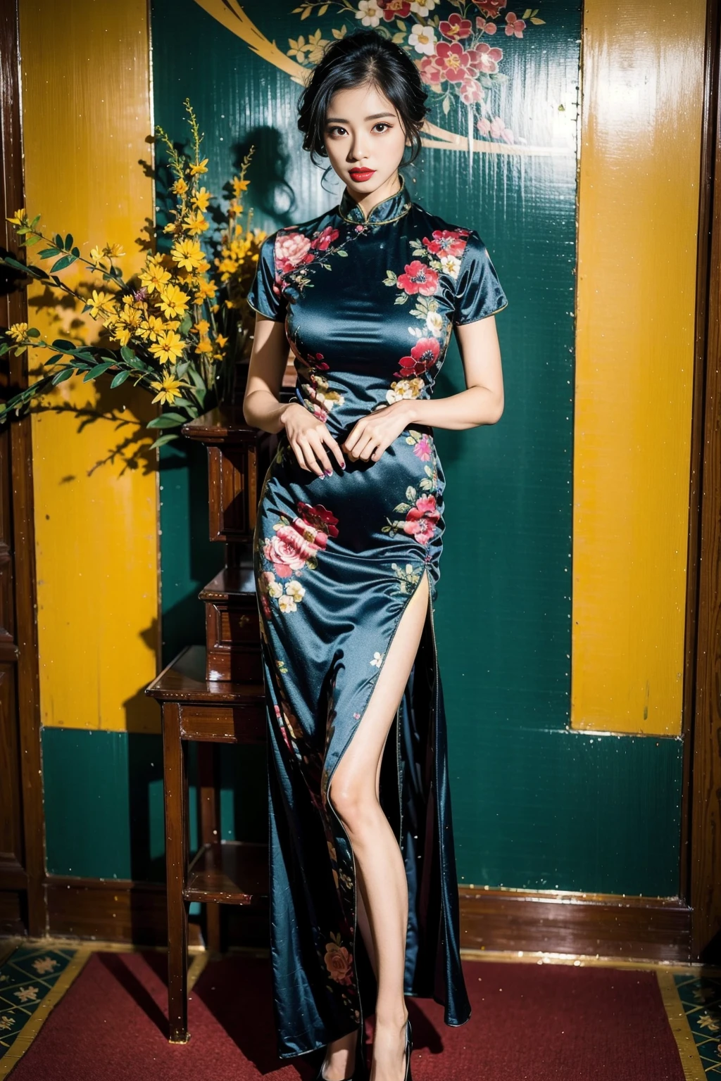 <lora:zgqp2:1>zgqp, 1girl, chinese clothes, dress, black hair, china dress, high heels, side slit, black footwear, full body, short sleeves, solo, floral print, looking at viewer, blue dress, standing, breasts, flower, red lips