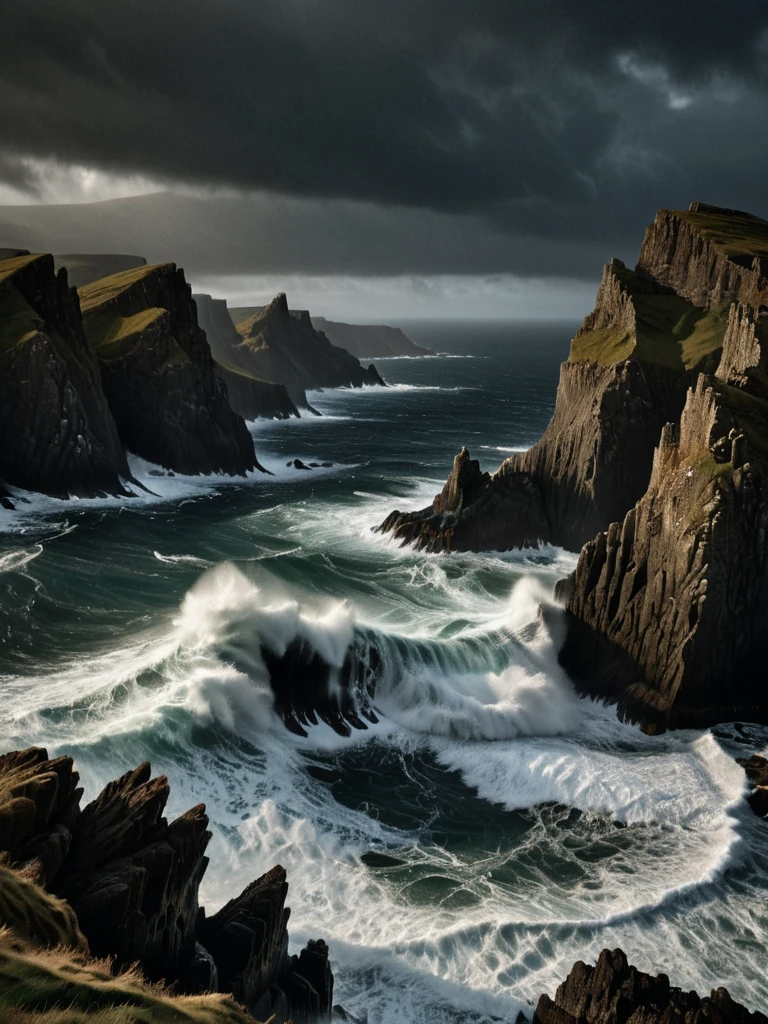character photo portrait, Diagonals, Dynamic Lines, Energetic Composition, simple background, chiaroscuro, photo focus on A rugged coastline, with towering cliffs plunging dramatically into the churning sea below, waves crashing against the jagged rocks., (dark dimly lit scene:1.2) <lora:Chiaroscuro-v1:0.85>, color photo, film, professional, 4k, highly detailed , , character portrait, Foreshortening, Distorted Perspective, Dynamic