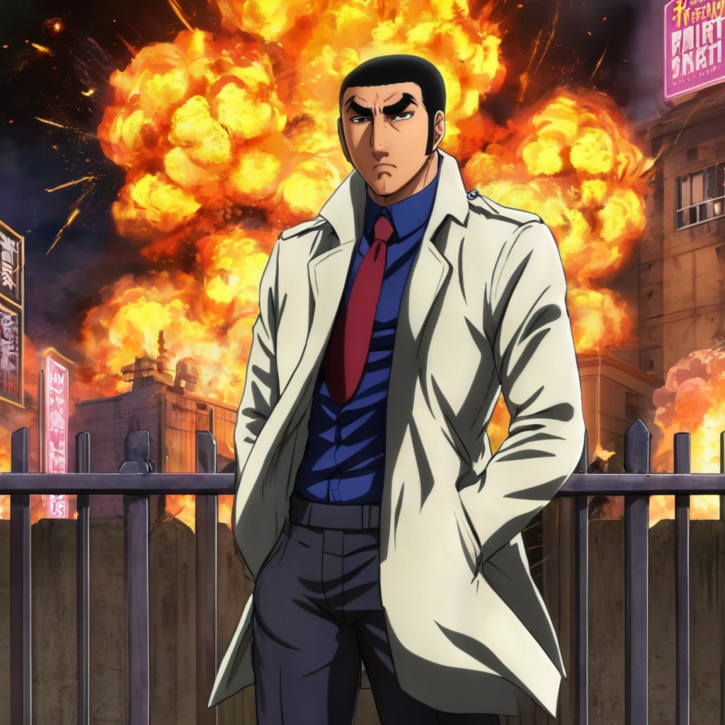 anime artwork of  <lora:Golgo 13:1>
 <lora:Ian Spriggs style:0.33>
golgo 13,duke togo,a man in a trench coat and tie standing in front of a fence with big cinematic Hollywood explosion in background,solo,black hair,1boy,male focus,necktie,fire,hands in pockets,fence,manly,explosion ,  Japanese, manga, anime, animation, professional assassin, anime style, key visual, vibrant, studio anime,  highly detailed