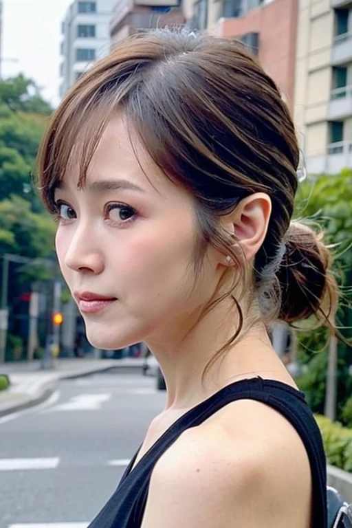 Best quality,masterpiece,ultra high res,(photorealistic:1.2),1girl,low key,taipei street alley,dynamic pose,face closeup,<lora:patty_hou:0.9>,brown hair,short ponytail,looking_at_viewer,