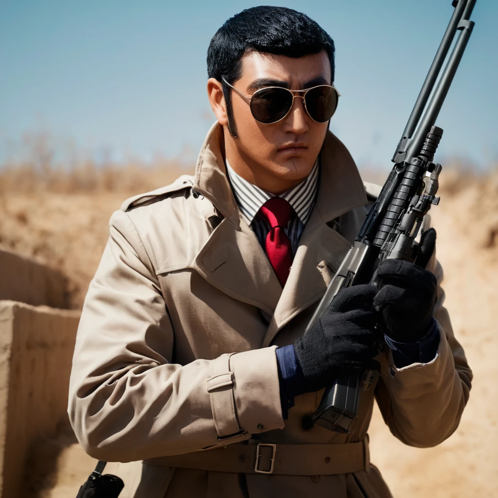 cinematic film still of  <lora:Golgo 13:1>
golgo 13,duke togo,a man in a trench coat holding a rifle gun,solo,black hair,gloves,1boy,weapon,male focus,necktie,coat,gun,sunglasses,rifle,sniper rifle,trench coat,scope ,  Japanese, manga, realistic, realism, professional assassin, customized, scoped M16 rifle, shallow depth of field, vignette, highly detailed, high budget, bokeh, cinemascope, moody, epic, gorgeous, film grain, grainy