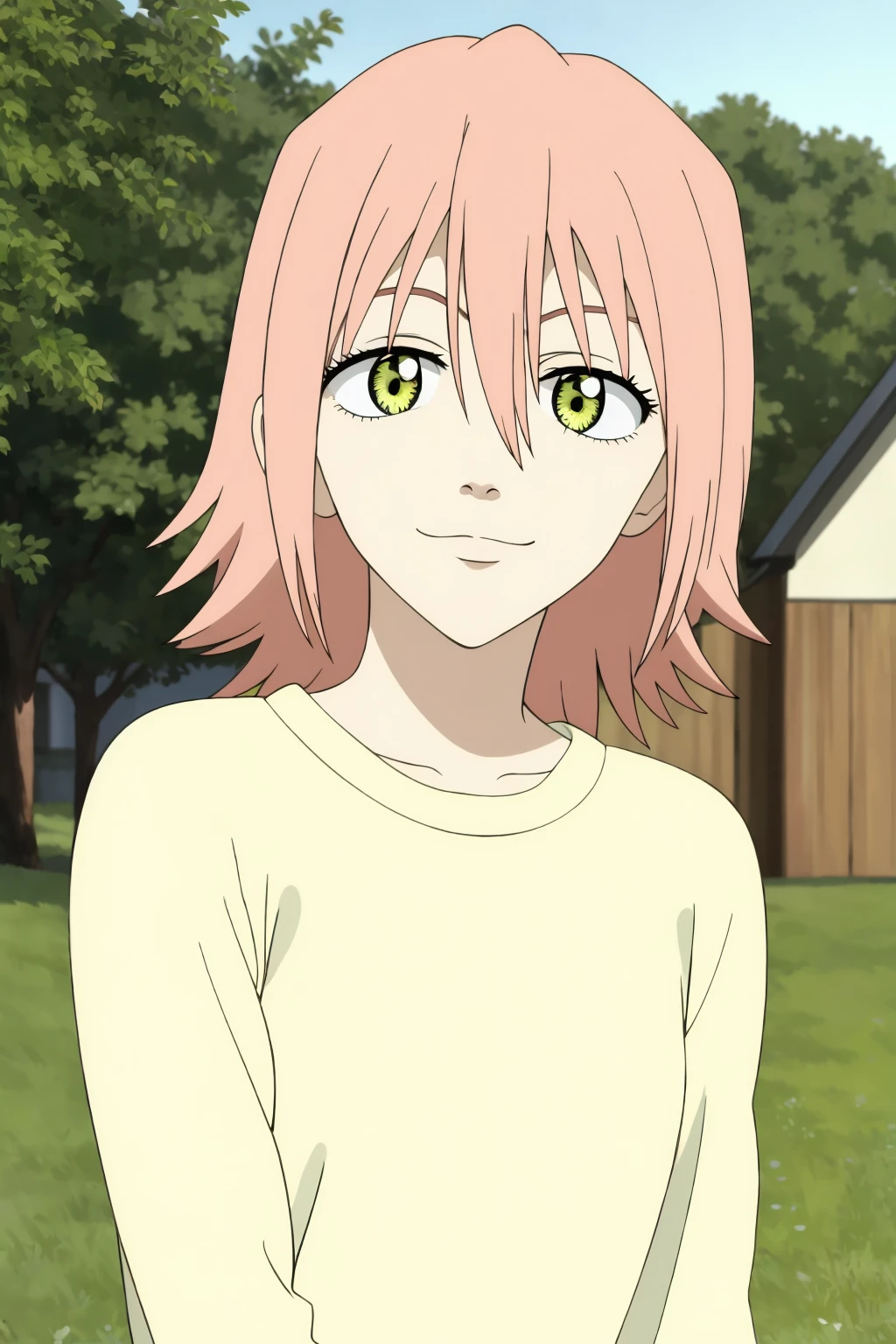 ((best quality)),((highly detailed)),masterpiece,absurdres,detailed face,beautiful face,(detailed eyes, deep eyes),1girl,((dynamic pose)) , <lora:HarukoV1:0.8>,haruko, pink hair, solo, smile, looking at viewer, jewelry, short hair, long sleeves, hair between eyes, outdoors, yellow eyes, upper body, closed mouth, sky, bangs, shirt, standing, medium hair