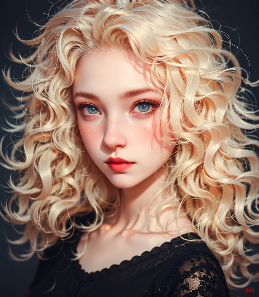 a painting of a blonde haired girl with blue eyes and a red lip and a black shirt on a gray background,<lora:æ¥ç³»æ¨¡ç¹:0.75>,