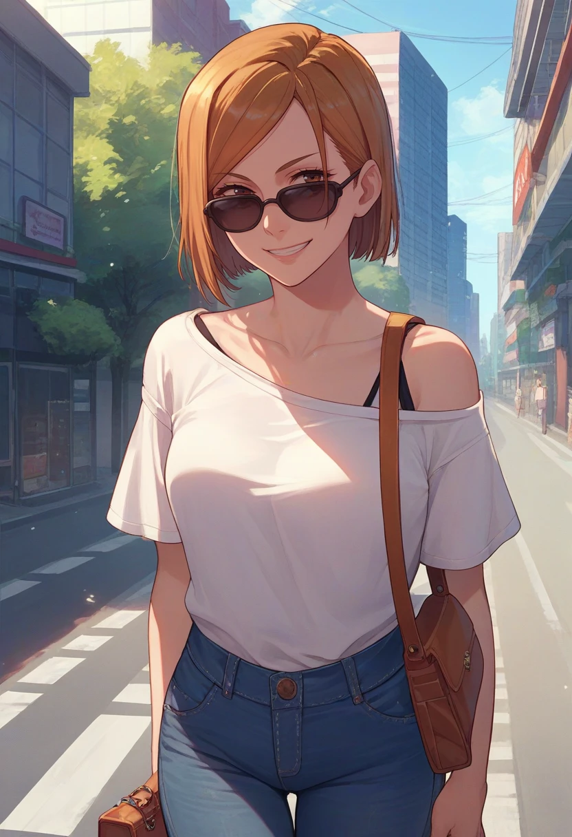 score_9, score_8_up, score_7_up, source_anime, solo, 1girl, kugisaki nobara, smile, looking at viewer, sunglasses, white shirt, off-shoulder shirt, short sleeves, jeans, shoulder bag, outdoors, city street <lora:jjk_kugisaki_ponyXL:1>