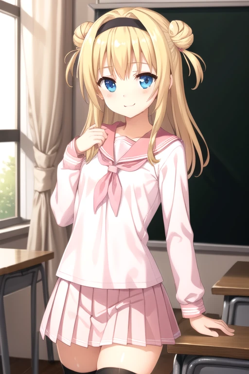 ((masterpiece)),(best quality),official art,extremely detailed CG,unity 8k wallpaper,ultra detailed,beautiful detailed eyes,extremely detailed face,classroom,1girl,solo,cowboy shot,looking at viewer,facing viewer,smile,Chitose Sana,long hair,blonde hair,double bun,hairband,hair intakes,sidelocks,blue eyes,white neckerchief,pink serafuku,pink sailor collar,small breasts,long sleeves,miniskirt,pink skirt,pleated skirt,black thighhighs,black footwear,<lora:Chitose Sana(trlu):0.6>,