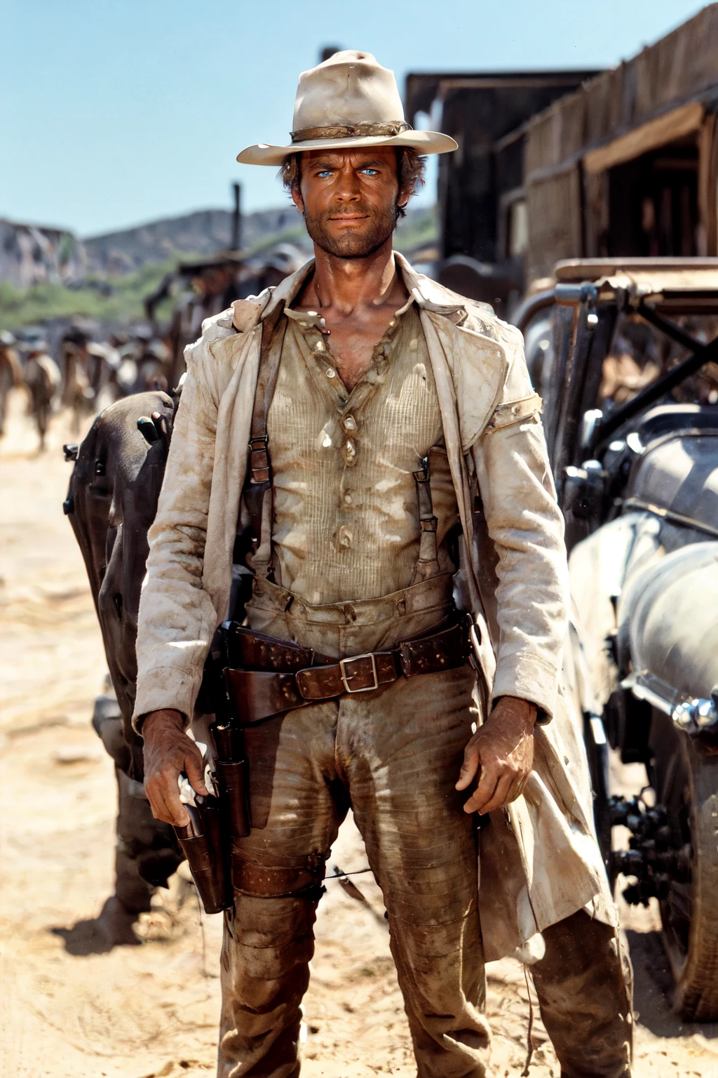 beautiful eye, high detail skin, high detail eyes, high detail hair, highres, ultra detailed, sharpen picture, Highly detailed, masterpiece, best quality, photorealistic,
<lora:TerrenceHillLora:1> 1boy, blue eyes, blonde hair, realistic, manly, cowboy western, cowboy hat, collared shirt, facial hair, suspenders, coat, holster, belt, buckle, sitting on a chair on a dusty road, PA7_Portrait-HL_v2