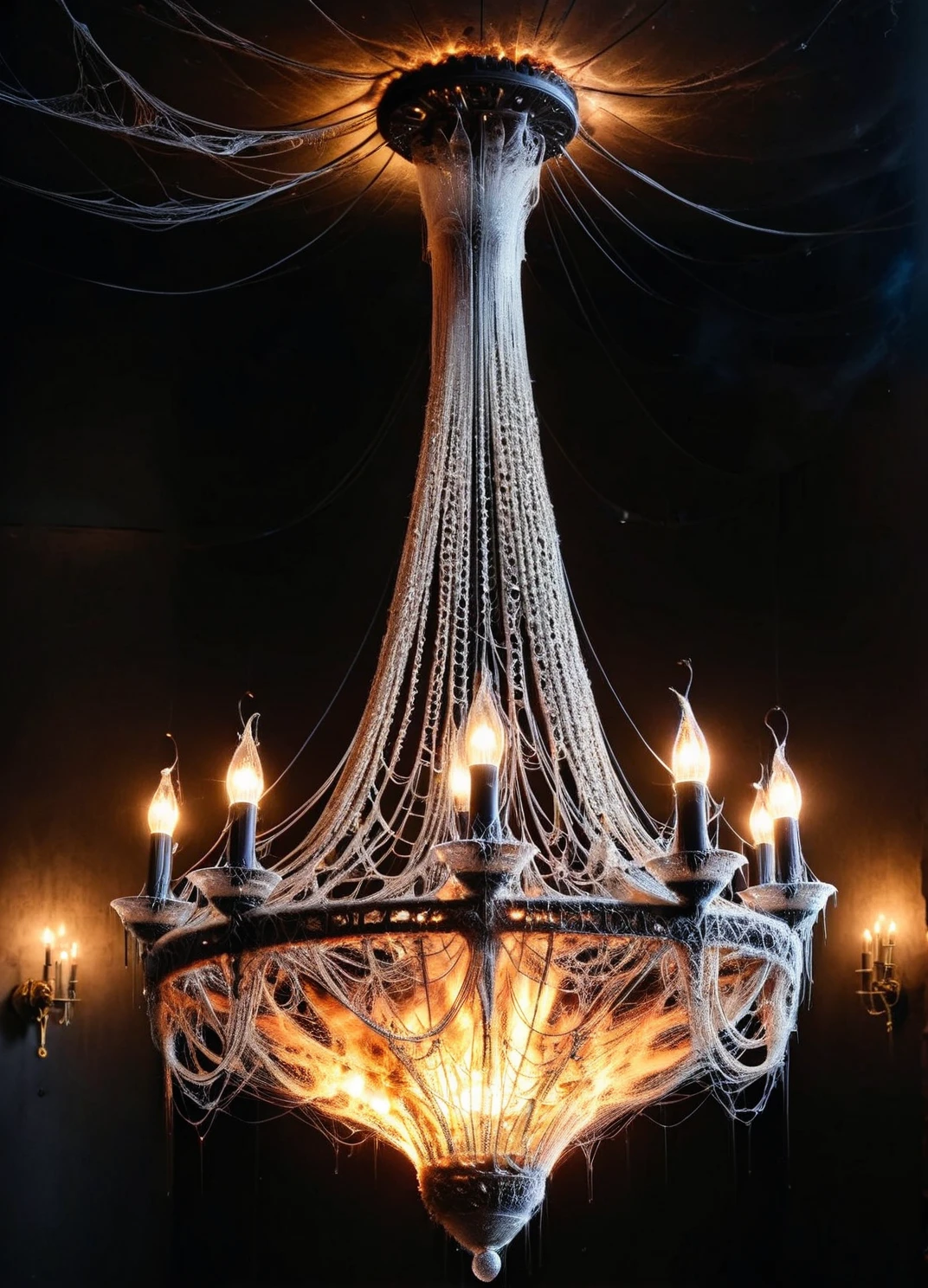 An ais-cbwbs chandelier hanging in a darkened room, faintly illuminated by a dying fire <lora:ais-cbwbs-sdxl:1>