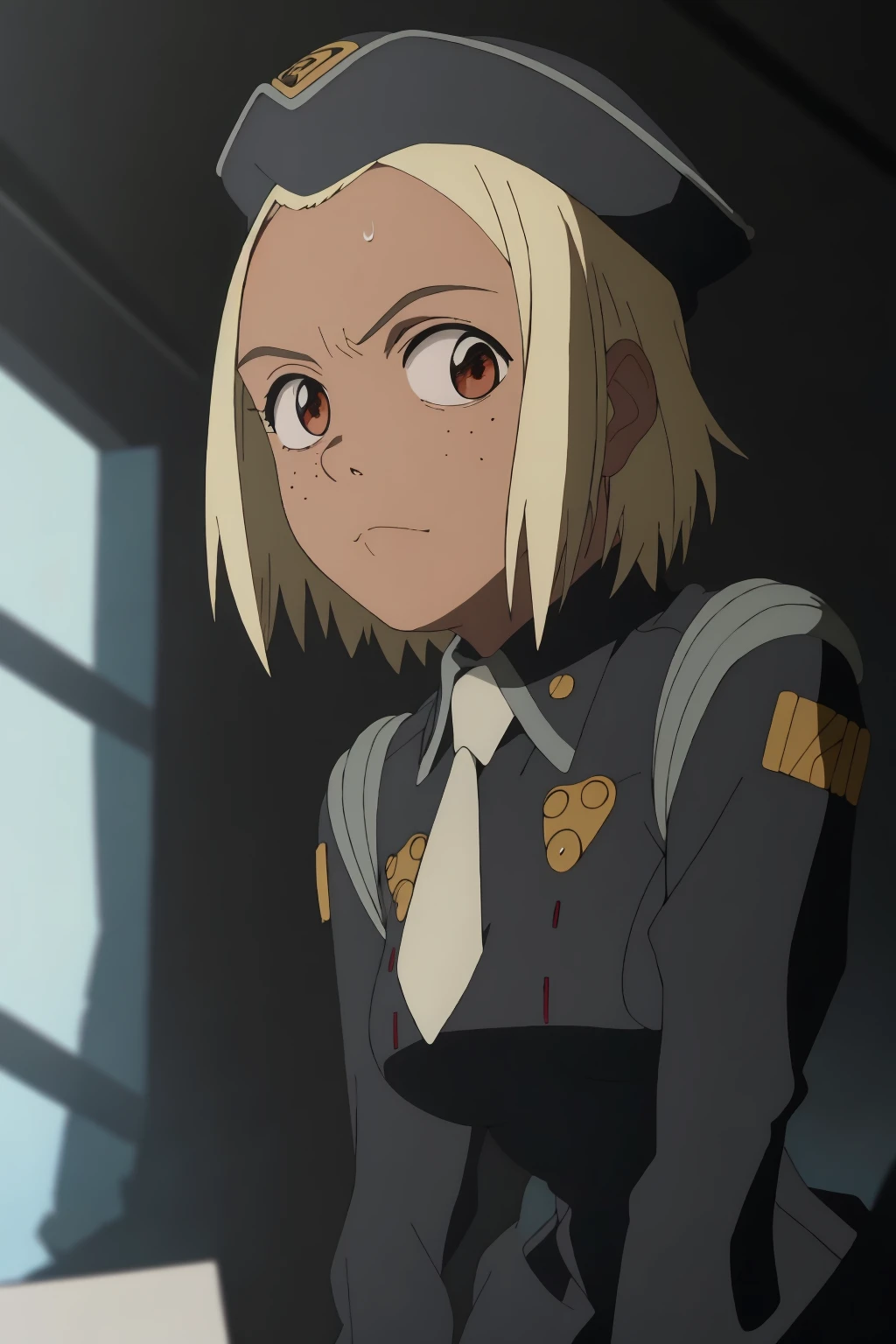 ((best quality)),((highly detailed)),masterpiece,absurdres,detailed face,beautiful face,(detailed eyes, deep eyes),1girl,((dynamic pose)) ,   <lora:KitsurubamiV1:0.7>, kitsurubami, blonde hair, hat, uniform, necktie, short hair, brown eyes, beret, military uniform, freckles, military, looking at viewer, solo focus, sweatdrop, night, long sleeves, dark skin, dark-skinned female, solo, garrison cap, closed mouth