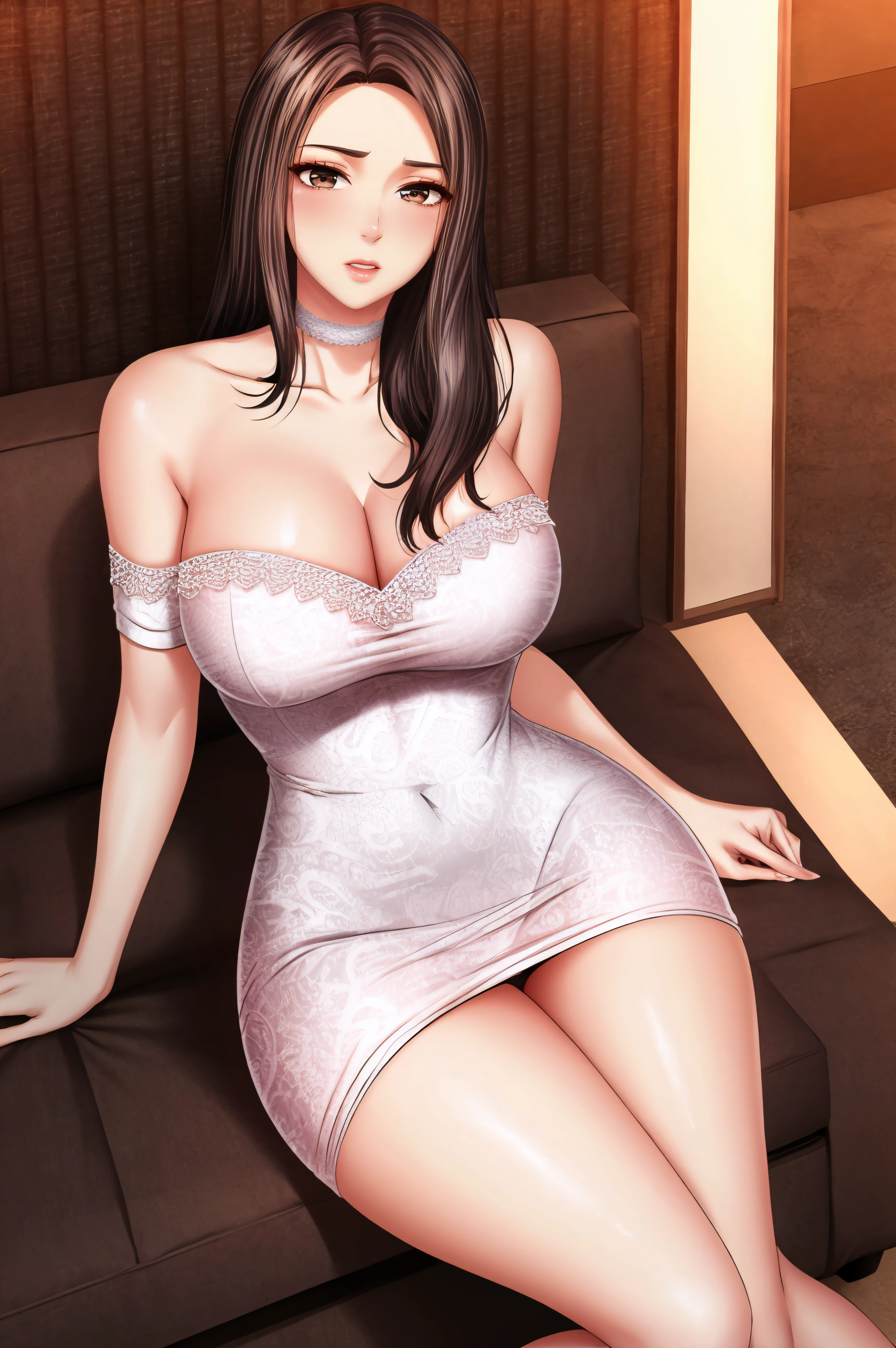 (masterpiece, best quality), <lora:jungyeon-lora-Faxtron:0.8> jungyeon, brown eyes, brown hair, long hair, large breasts, white short dress, cleavage, bare shoulders, collarbone, thighs, white choker, strapless dress, white high heels,
<lora:add_detail:0.8>,