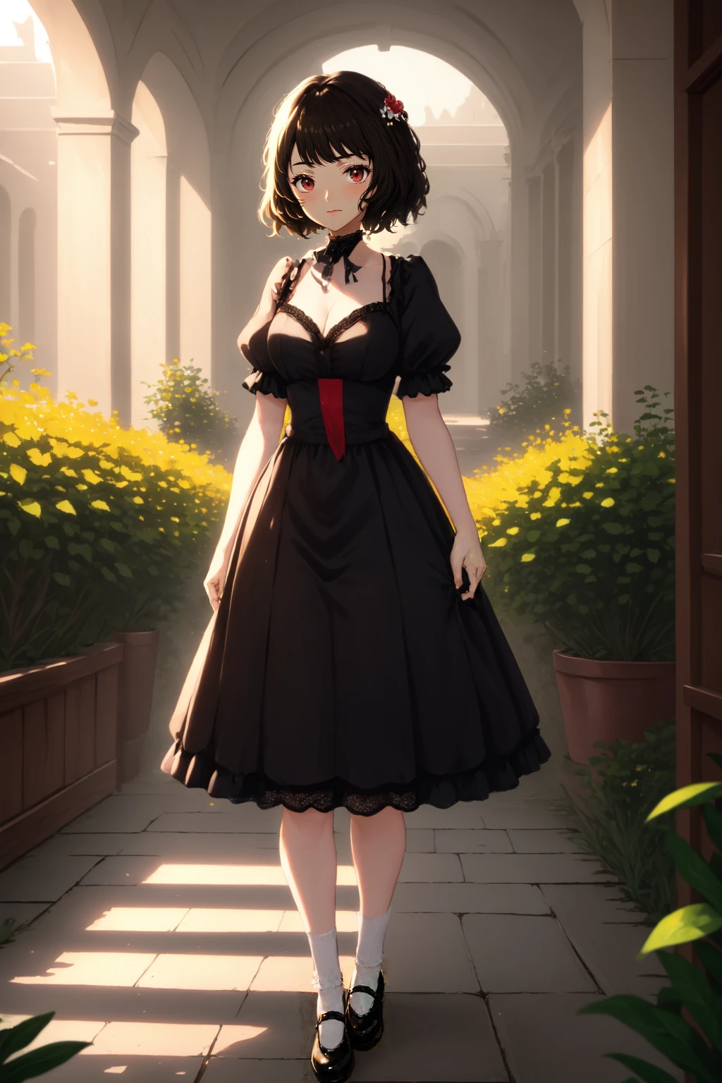 (masterpiece, best quality, highest quality, 8k, raytracing, HDR, UHD:1.4)
[BREAK (gorgeous face, eyeliner, lip gloss, mascara, eyeshadow, blush:1.3):2]
BREAK full body, Victorian, <lora:Double_double:1> black eyes, short messy hair, Kawakami Sadayo, flustered, standing in a palace atrium, flowers, potted plants, fountain, puffy clouds, oak tree
BREAK wearing a lace overlay dress, puffy sleeves, short skirt with lace hemline, Mary Janes with ruffled socks, red ribbon, ornate jewelry, hair ornament