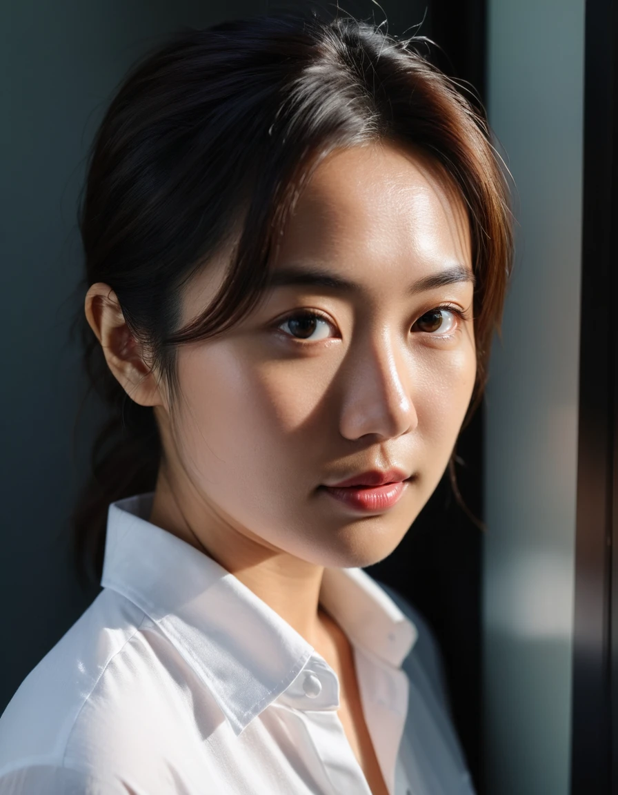 (masterpiece:1.35),(best-quality:1.4),8k,ultra-detailed,photography,(ultra-realistic:1.4),film grain,Fujifilm XT3,asian slim female,solo, extremely beautiful detailed face, best shadow, medium breasts, white shirt, close up,
