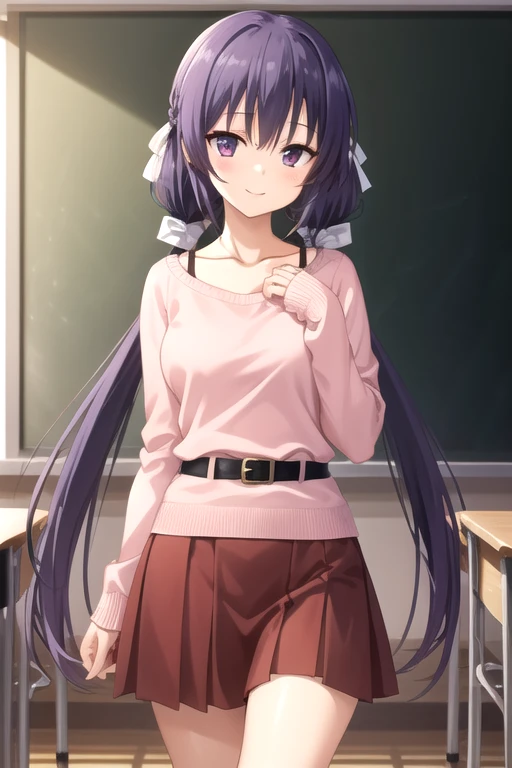 ((masterpiece)),(best quality),official art,extremely detailed CG,unity 8k wallpaper,ultra detailed,beautiful detailed eyes,extremely detailed face,classroom,1girl,solo,cowboy shot,looking at viewer,facing viewer,smile,Itsuki Shishi Hime no Mikoto,very long hair,purple hair, high twintails,hair ribbon,white ribbon,sidelocks,bangs,purple eyes,collarbone,pink sweater,long sleeves,medium breasts,belt,red skirt,bare legs,brown footwear,<lora:Itsuki Shishi Hime no Mikoto(trlu):0.6>,