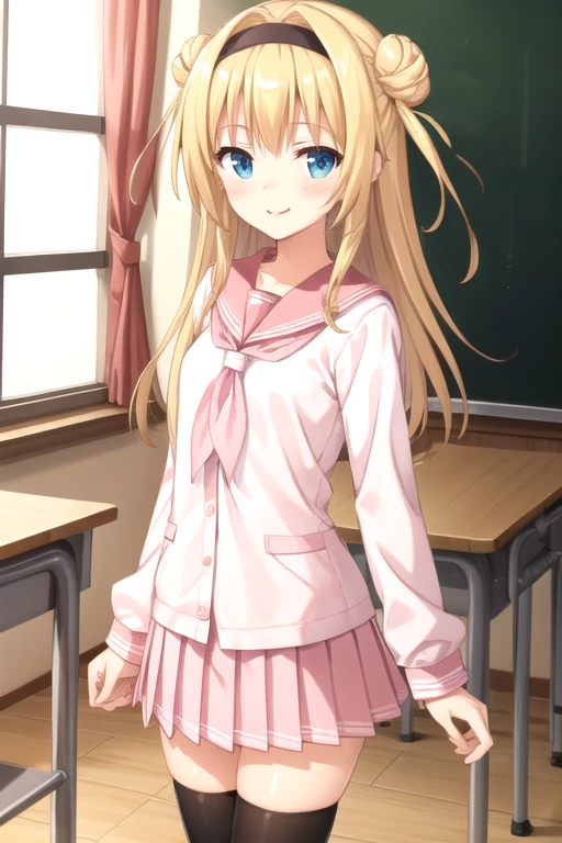 ((masterpiece)),(best quality),official art,extremely detailed CG,unity 8k wallpaper,ultra detailed,beautiful detailed eyes,extremely detailed face,classroom,1girl,solo,cowboy shot,looking at viewer,facing viewer,smile,Chitose Sana,long hair,blonde hair,double bun,hairband,hair intakes,sidelocks,blue eyes,white neckerchief,pink serafuku,pink sailor collar,small breasts,long sleeves,miniskirt,pink skirt,pleated skirt,black thighhighs,black footwear,<lora:Chitose Sana(trlu):0.6>,