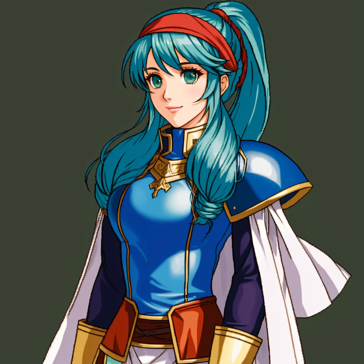 FireEmblem, (Simple background, green background:1.3), (pixel art, solo:1.3) BREAK 1girl, solo, armor, long hair, green eyes, green hair, cape, gloves, pixel art, aqua hair, (low-tied long hair:1.3), elbow gloves, imageboard colors, shoulder armor, breastplate, armored dress, aqua eyes, upper body, closed mouth, pauldrons, gauntlets, hair over shoulder, breasts, oekaki, pegasus knight uniform \(fire emblem\), cross, hair ornament, shoulder pads, knight, expressionless, smile, headband, standing, fingerless gloves, medium breasts, valkyrie, front ponytail, detached sleeves, white cape, forehead protector, vambraces, dress, bangs, arm guards, Sigrun \(Fire Emblem\), Sigrun \(Fire Emblem: Path of Radiance\), Sigrun \(Fire Emblem: Radiant Dawn\)