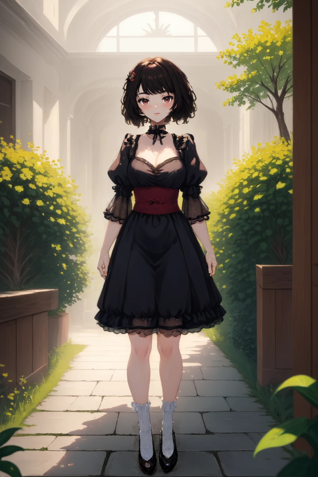 (masterpiece, best quality, highest quality, 8k, raytracing, HDR, UHD:1.4)
[BREAK (gorgeous face, eyeliner, lip gloss, mascara, eyeshadow, blush:1.3):2]
BREAK full body, art by Monet, <lora:Double_double:1> black eyes, short messy hair, Kawakami Sadayo, flustered, standing in a palace atrium, flowers, potted plants, fountain, puffy clouds, oak tree
BREAK wearing a lace overlay dress, puffy sleeves, short skirt with lace hemline, Mary Janes with ruffled socks, red ribbon, ornate jewelry, hair ornament