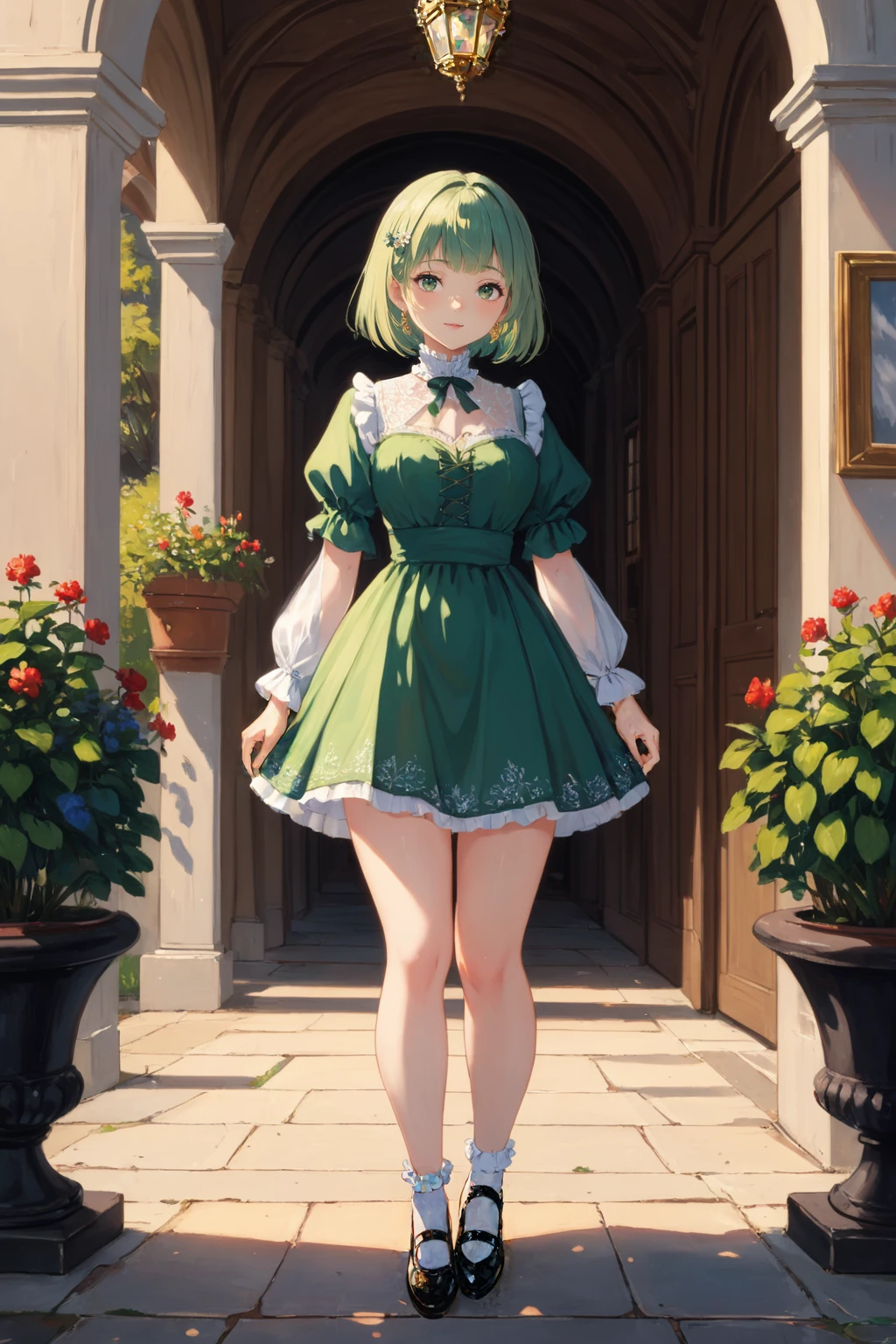 (masterpiece, best quality, highest quality, 8k, raytracing, HDR, UHD:1.4)
[BREAK (gorgeous face, eyeliner, lip gloss, mascara, eyeshadow, blush:1.3):2]
BREAK full body, art by Monet, light green hair, green eyes, bob cut with blunt bangs, medium breasts, gorgeous smile, standing in a palace atrium, flowers, potted plants, fountain, puffy clouds, oak tree
BREAK wearing a lace overlay dress, puffy sleeves, short skirt with lace hemline, Mary Janes with ruffled socks, red ribbon, ornate jewelry, hair ornament