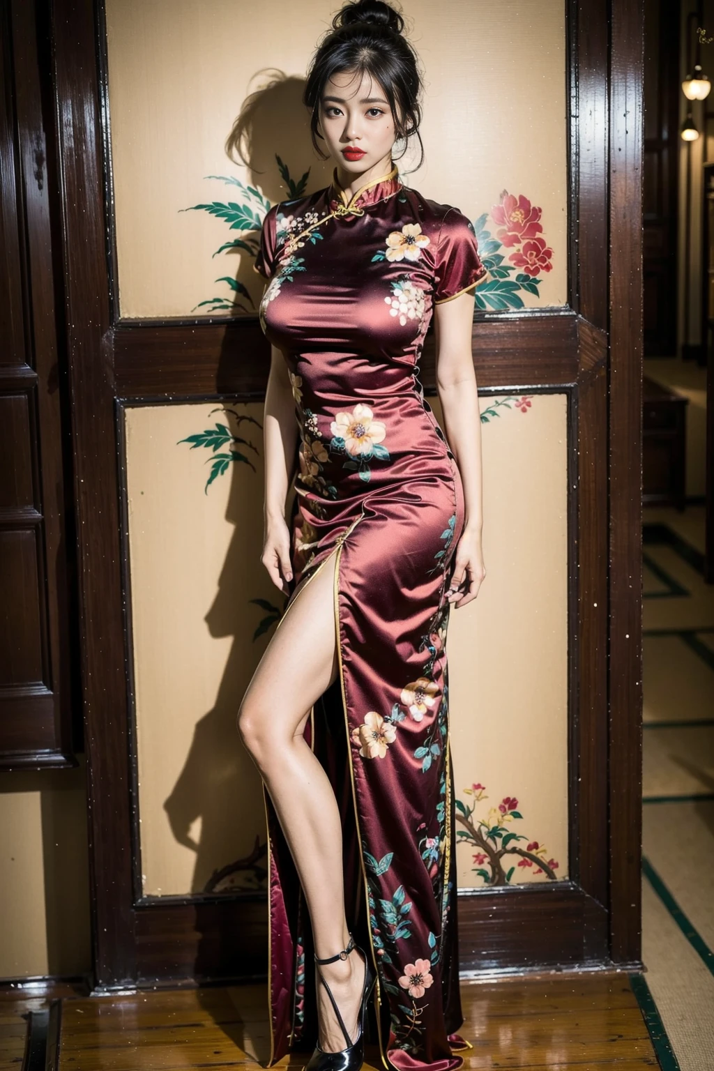 <lora:zgqp2:1>zgqp, 1girl, chinese clothes, dress, black hair, china dress, high heels, side slit, black footwear, full body, short sleeves, solo, floral print, looking at viewer, (red dress), standing, breasts, flower, red lips