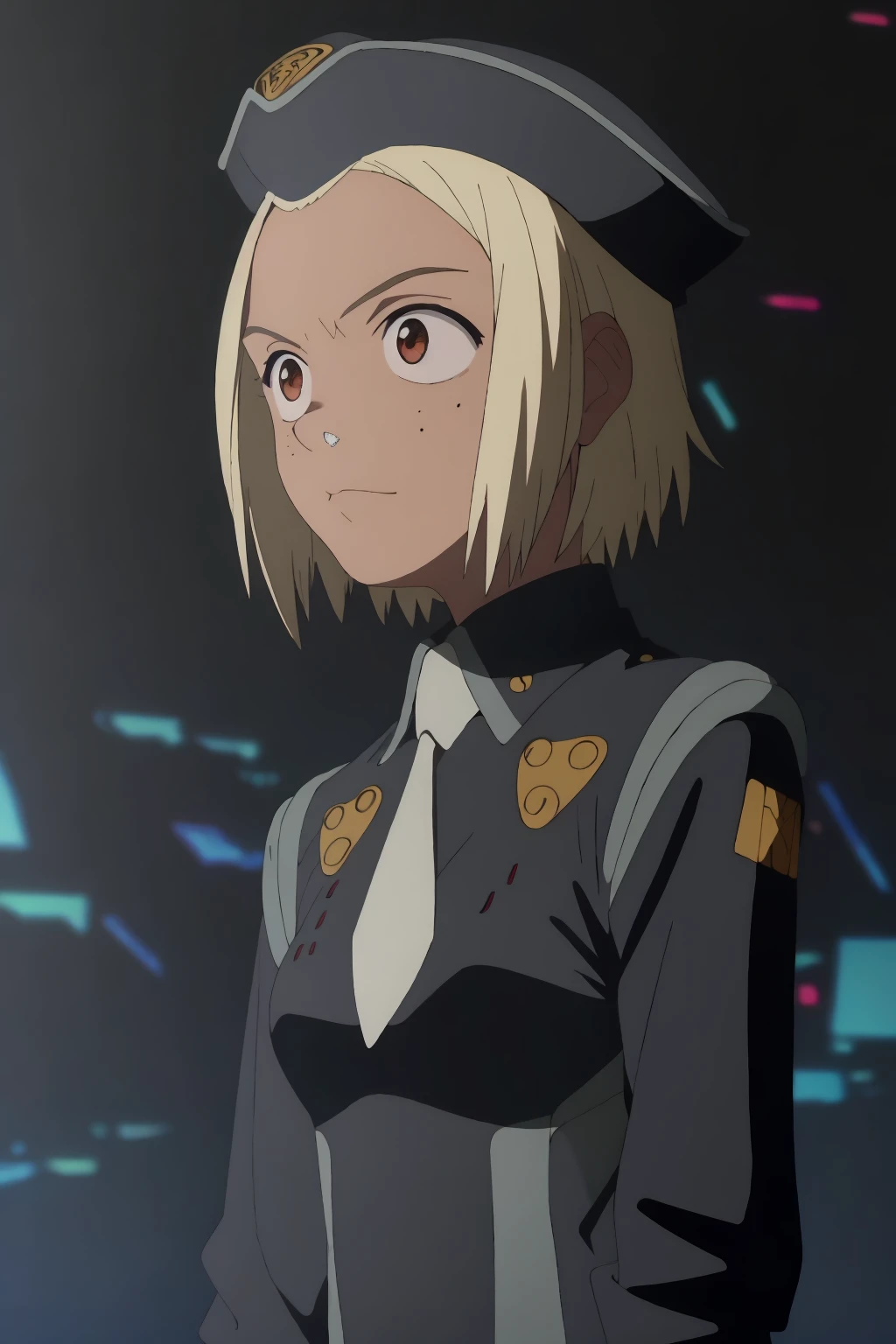 ((best quality)),((highly detailed)),masterpiece,absurdres,detailed face,beautiful face,(detailed eyes, deep eyes),1girl,((dynamic pose)) , <lora:KitsurubamiV1:0.8>, kitsurubami, uniform, solo, blonde hair, hat, dark-skinned female, short hair, brown eyes, dark skin, necktie, military uniform, military, beret, night, military hat, freckles, cowboy shot