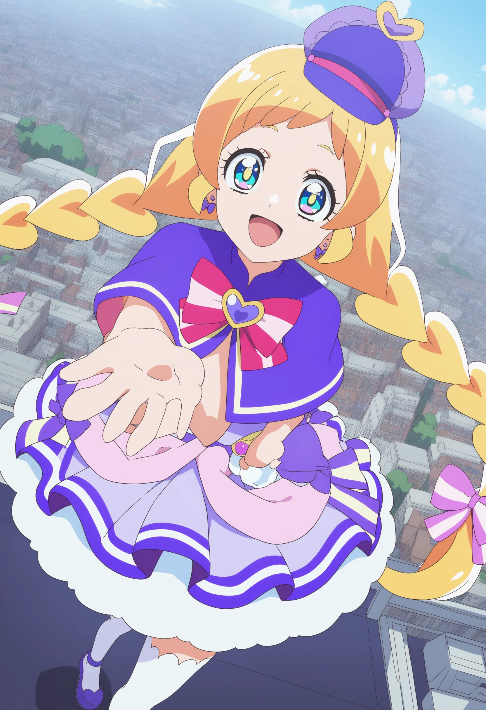 1girl, cure friendy, wonderful precure!,  <lora:friendyXLv1:0.7>,blonde hair, long hair, blue eyes, hat, twin braids,magical girl,
dutch angle, wide shot, looking up, happy, London city, open mouth,
best quality,medium quality,