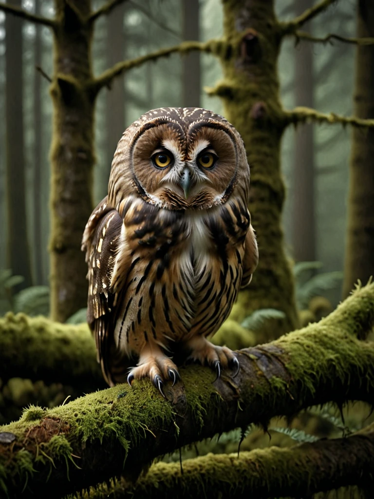 character photo portrait, Diagonals, (Dynamic:0.47) Lines, Energetic Composition, simple background, chiaroscuro, photo focus on A wise old owl, perched atop a moss-covered branch with a knowing gaze, observing the world below with quiet contemplation., (dark dimly lit scene:1.2), color photo, film, professional, 4k, highly detailed , , character portrait, Foreshortening, Distorted Perspective, (Dynamic:0.47) <lora:Chiaroscuro-v1:0.85>