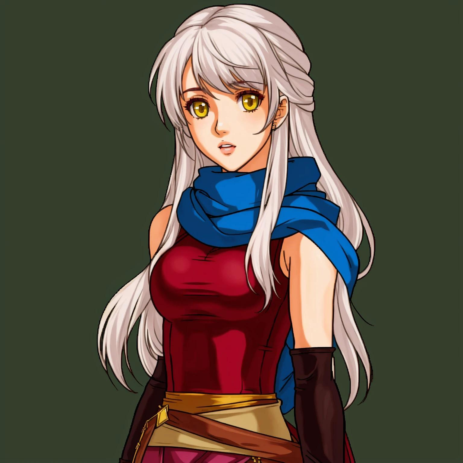 FireEmblem, (Simple background, green background:1.3), BREAK 1girl, solo, micaiah \(fire_emblem\), (white hair, maroon clothes, dark yellow eyes, blue scarf,:1.2), upper body, hand on chest, serious, dress, side slit, black elbow gloves, pantyhose, sleeveless dress, fingerless gloves, jewelry, bracelet, belt, bare shoulders