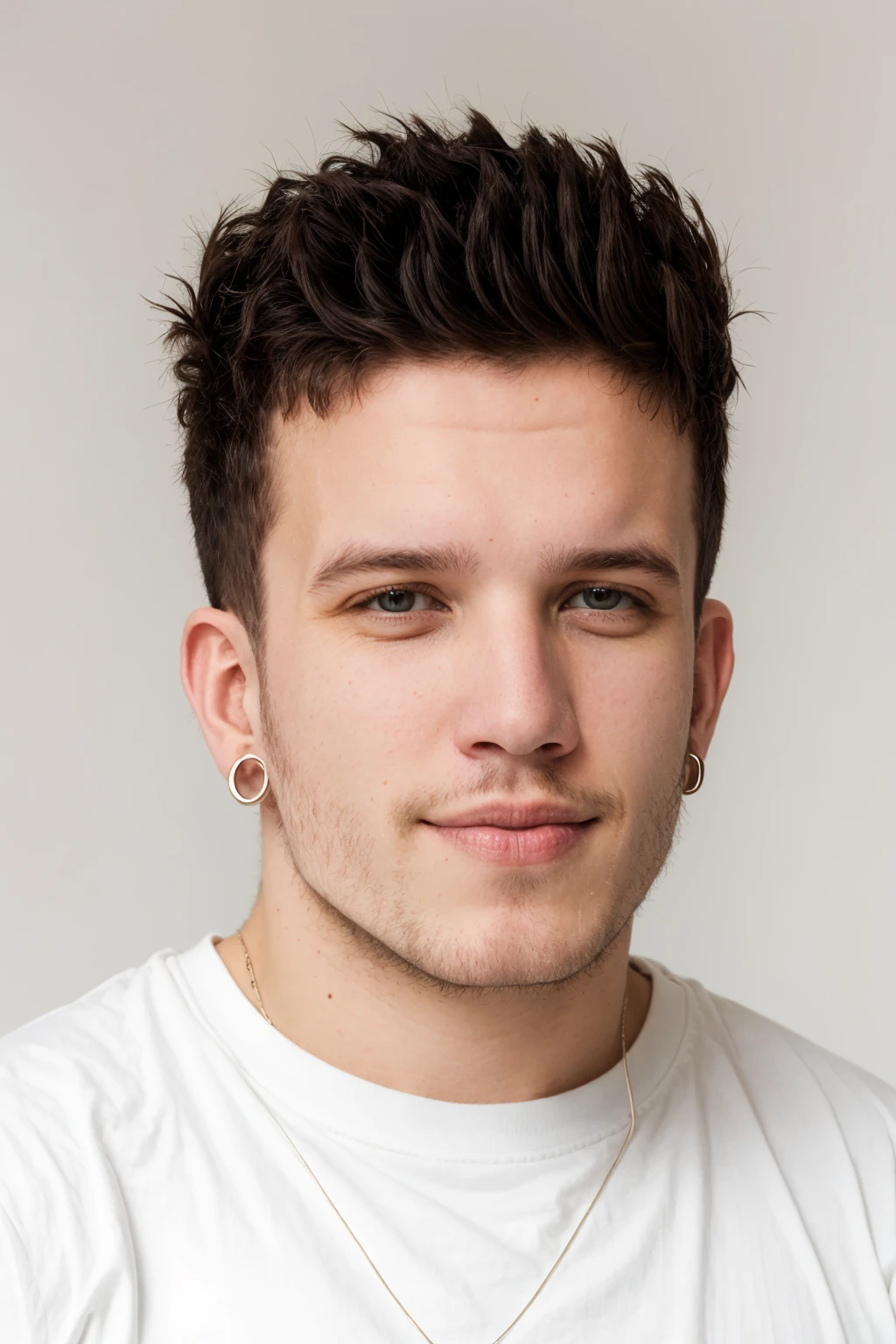 headshot of babylasagna, plain background, white t-shirt, smirk, looking at the camera <lora:BabyLasagnaLoRA:1>