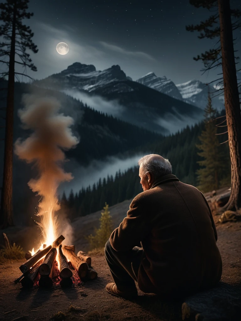 photo focus on outdoor, night, dark dim muted colors, chiaroscuro , view from back, trapper (1man:1.2) sitting, small fire in Canada wilderness, elderly mature , hand , thinking, <lora:Chiaroscuro-v1:0.65>, monumental pines , moon night, mist, autumn, particles in air, sparks, character color photo portrait, Mise-en-scène, Staged Scene, Thoughtful Arrangement, Chiaroscuro, Strong Light and Shadow, Dramatic Contrast, absurdres, detailed, macro details, 8k, hyper realistic, texture surface details, film, professional, 4k, highly detailed professional, simple