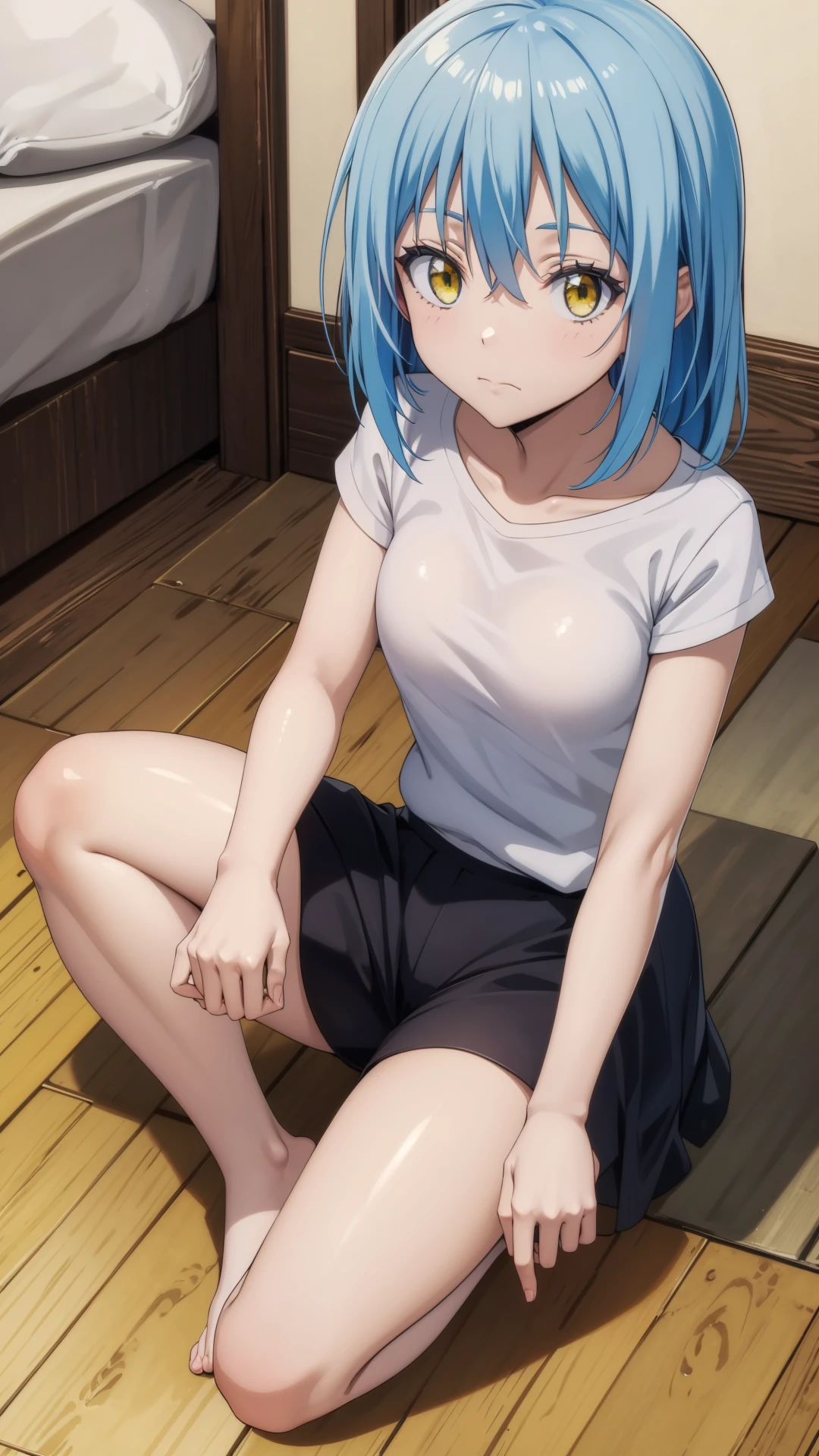 (masterpiece, best quality), ray tracing, absurdres,rimuru tempest, initial, blue hair, yellow eyes, long hair, shirt, 1girl, large breats,,solo, white shirt, closed mouth, , collarbone, hair between eyes, looking at viewer, sitting, bangs, short sleeves, shiny hair, full body, shiny,looking at viewer,<lora:rimuru initial_v3:0.7>