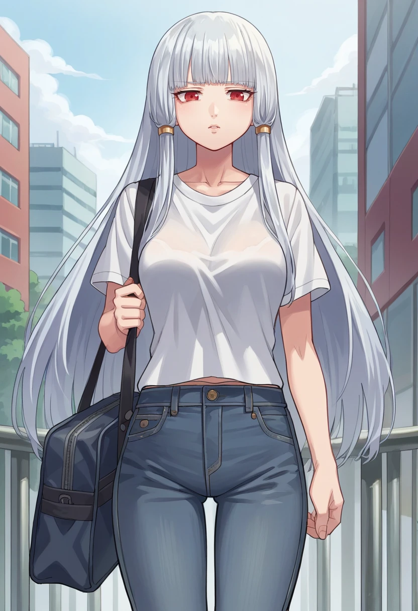 score_9, score_8_up, score_7_up, source_anime BREAK 1girl, Uematsu Rikako, silver hair, long hair, red eyes, white t-shirt, jeans, city, holding school bag, <lora:RikakoPonyXLNoscale-000009:1>