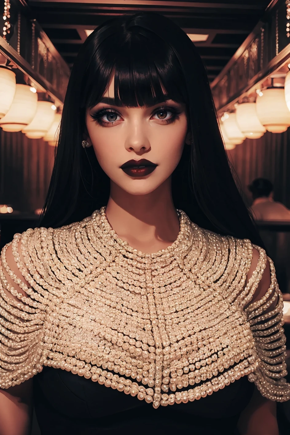 woman, adult, (straight long black hair with bangs), HUD_P3arl_Sh4wl, jewelry, symmetrical shawl made of freshwater pearl beads, dress, makeup, lipstick, false eyelashes, <lora:HUD_P3arl_Sh4wl-07:0.65>, (speakeasy:1.4), smoky cinematic atmosphere