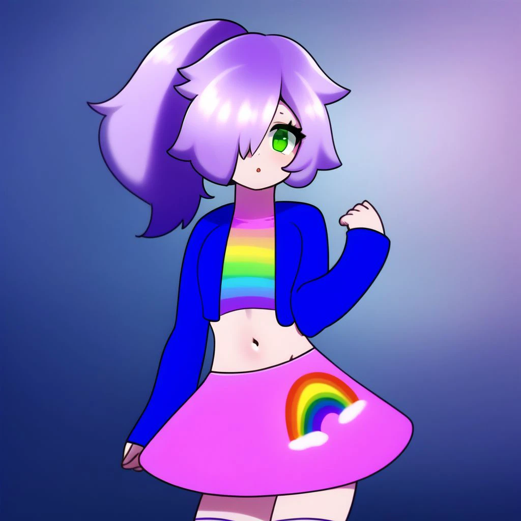 1girl, solo, lilac hair, green eyes, hair over one eye, ponytail, blue jacket, long sleeves, rainbow shirt, crop top, navel, pink skirt