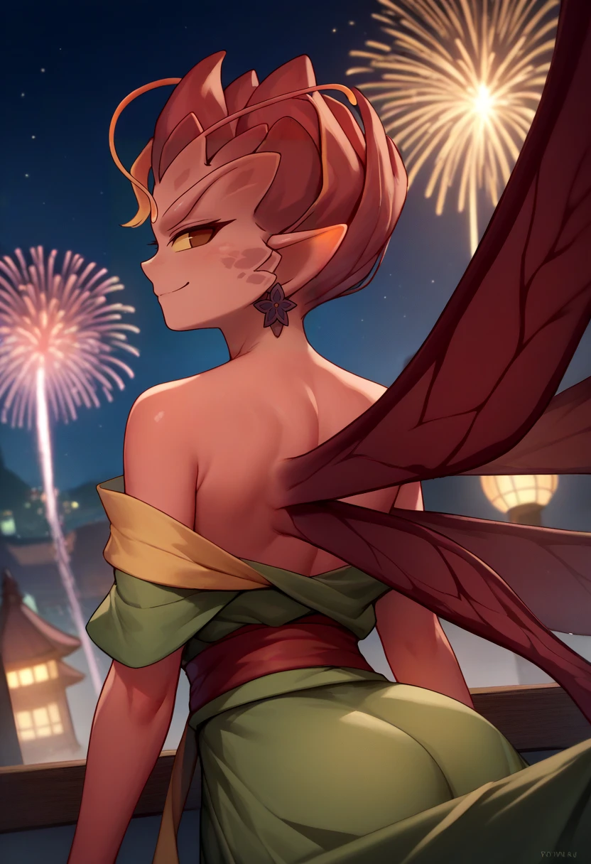 score_9, score_8_up, score_7_up, source_anime, from behind, solo, 1girl, darkwillow, monster girl, red skin, smile, looking back, pointy ears, antennae, yellow sclera, green kimono, off shoulder, red sash, earrings, wings, bare shoulders, fireworks <lora:dota2_darkwillow_ponyXL:1>