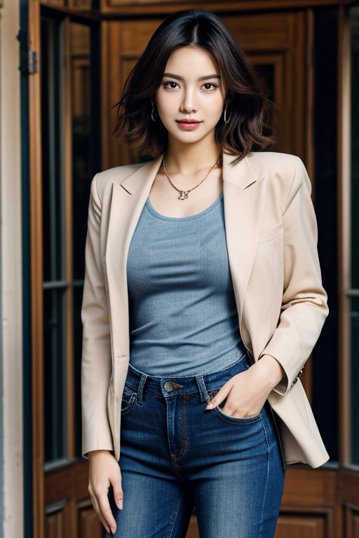 HWGIRL,masterpiece,ultra realistic,32k,extremely detailed CG unity 8k wallpaper, best quality,(spring day ),lady ,necklace ,eardrop, Marrakesh, Morocco, ( Amber Pairing a blazer with a graphic tee and jeans ) , Purple hair medium hair ,,<lora:Hwgirl_V019:0.9>,