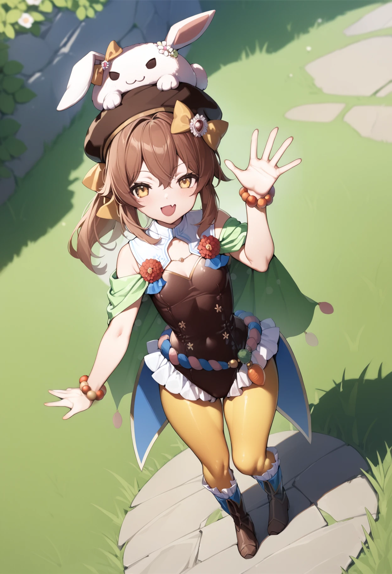 1girl,<lora:spring deltheaXL:0.8>,spring delthea,hat,hair bow,cape,leotard,bead bracelet,waist rope,pantyhose,rabbit on head,open mouth,skin fang,boots,full body,standing,smile,grass,waving,looking at viewer,ultra-detailed,best quality,masterpiece