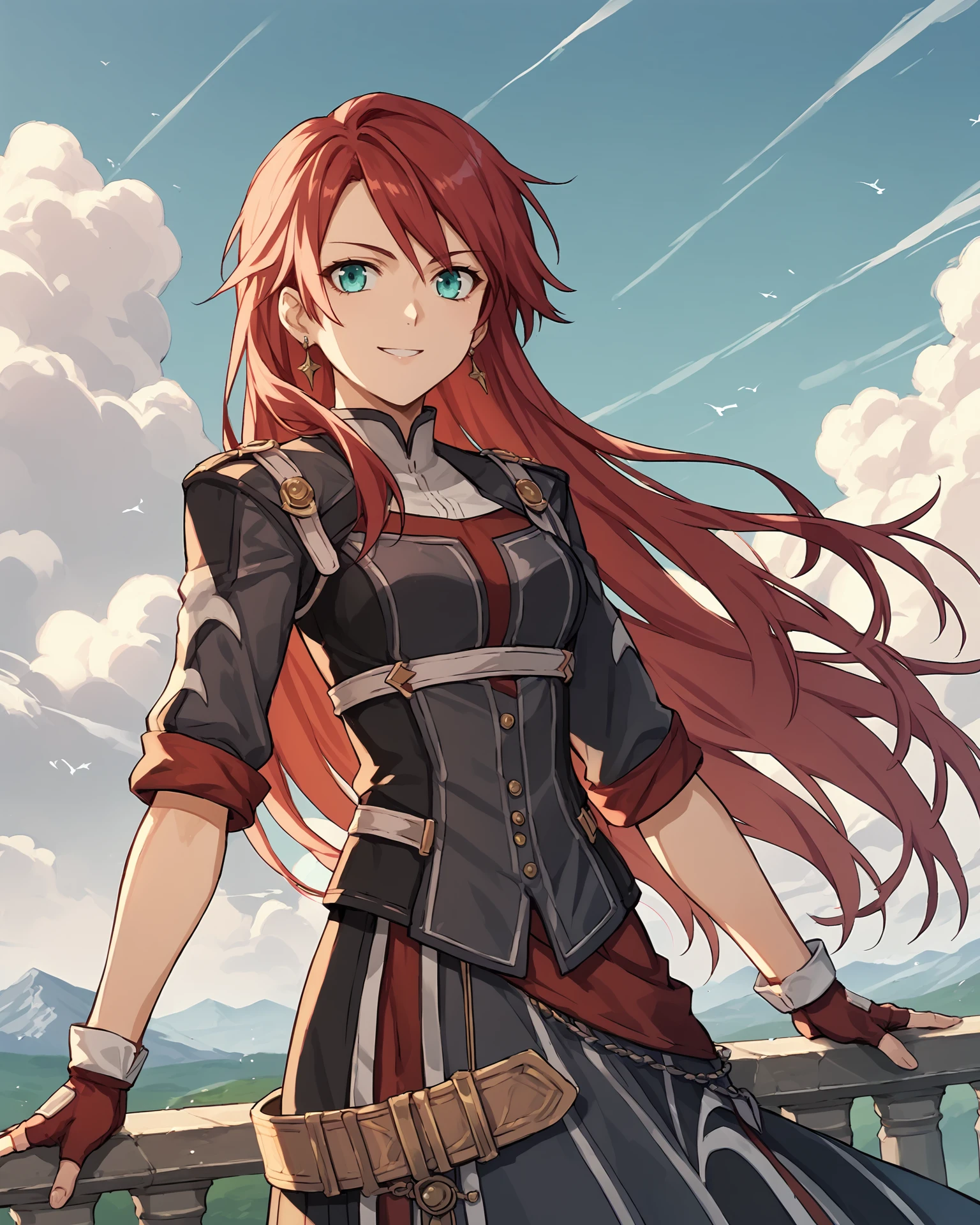 score_9, score_8_up, score_7_up, score_6_up, score_5_up, score_4_up, BREAK,
source_anime,
<lora:CelisOrtesia:0.9>, Celis Ortesia, red hair, long hair, aqua eyes, medium breasts, earrings,  jewelry, armored dress, belt, black pantyhose, black boots, knee boots, laced footwear, red gloves, fingerless gloves,
looking at viewer, smile, upper body, portrait,
1girl, outdoors, sky, clouds, distant mountains