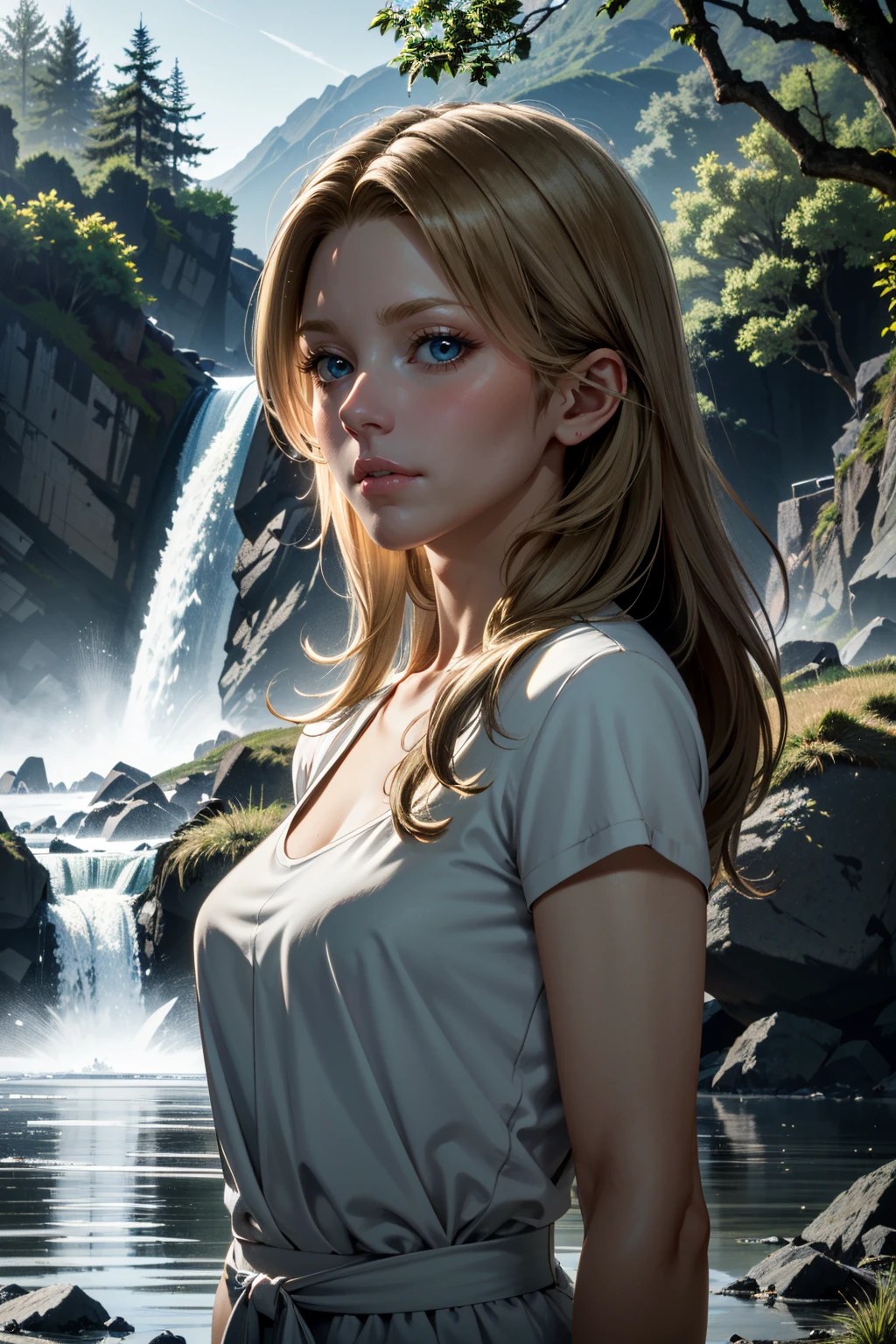 ((ultra detailed, masterpiece, absurdres))
 <lora:DSAmelie:0.8>
DSAmelie, blonde hair, blue eyes, in front of hidden mountain waterfall, morning, secluded and refreshing with soft morning light on cascading water