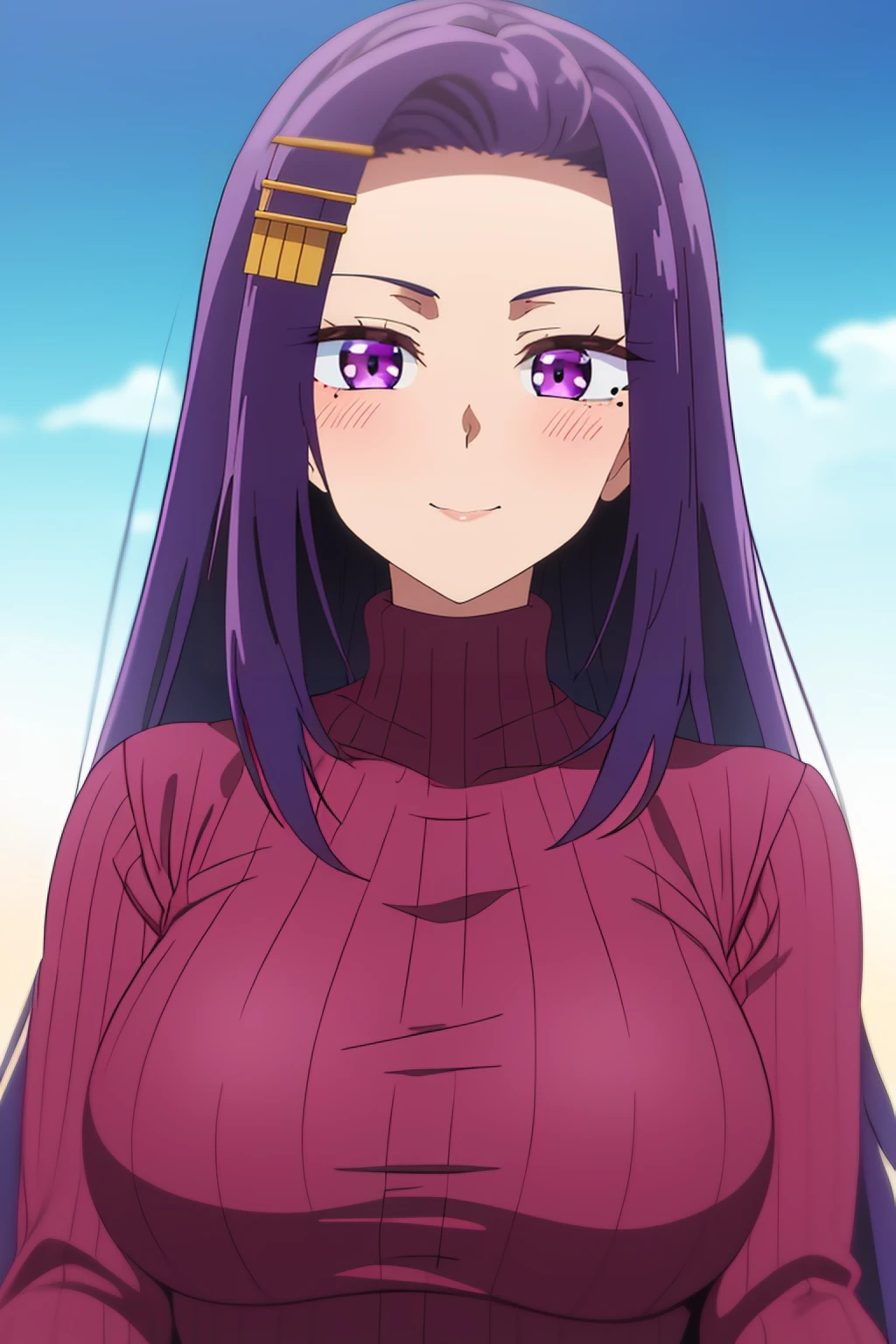 <lora:Sayuri Akino:0.7> sayuri akino, purple_hair, long_hair, purple_eyes, hair_ornament, blush, hairclip, 1girl, solo, mole_under_eye, looking_at_viewer, smile, purple_sweater, turtleneck, ribbed_sweater, best_quality, highres, extremely_detailed, anime perfect detailed style, 8k, masterpiece, anime art style, anime coloring,