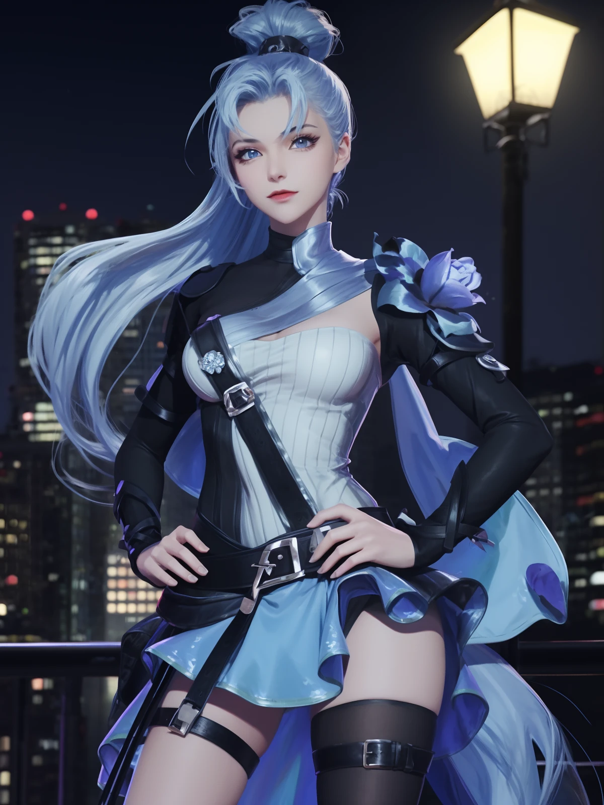 WZRY Mulan MQJF, 1 Girl, Long hair, Solitary, Ponytail, cape, white hair, jewelry, skirt, blue eyes, Black gloves, armor, breast,  cityscape, night, Looking at the audience, Mature female, Nice butt,，Beautiful buttocks，skirt里什么都没穿